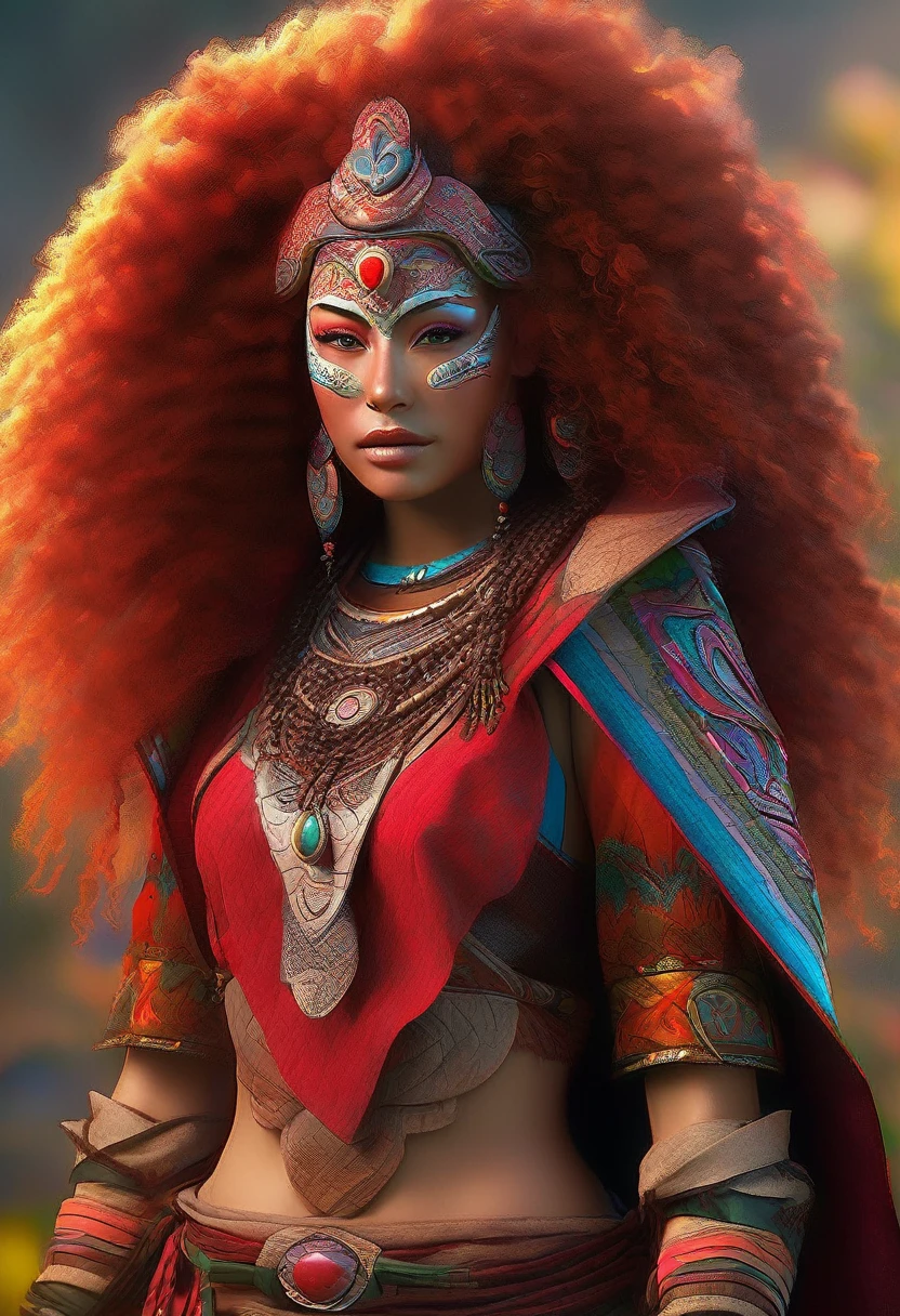 girl shaman, wearing wooden mask,very detailed portrait, standing in s-shape pose, red curly hair,sexy revealing outfit,best quality,4k,8k,highres,masterpiece,ultra-detailed,realistic,photorealistic,photo-realistic,HDR,UHD,studio lighting,ultra-fine painting,sharp focus,physically-based rendering,extreme detail description,professional,vivid colors,bokeh,concept art