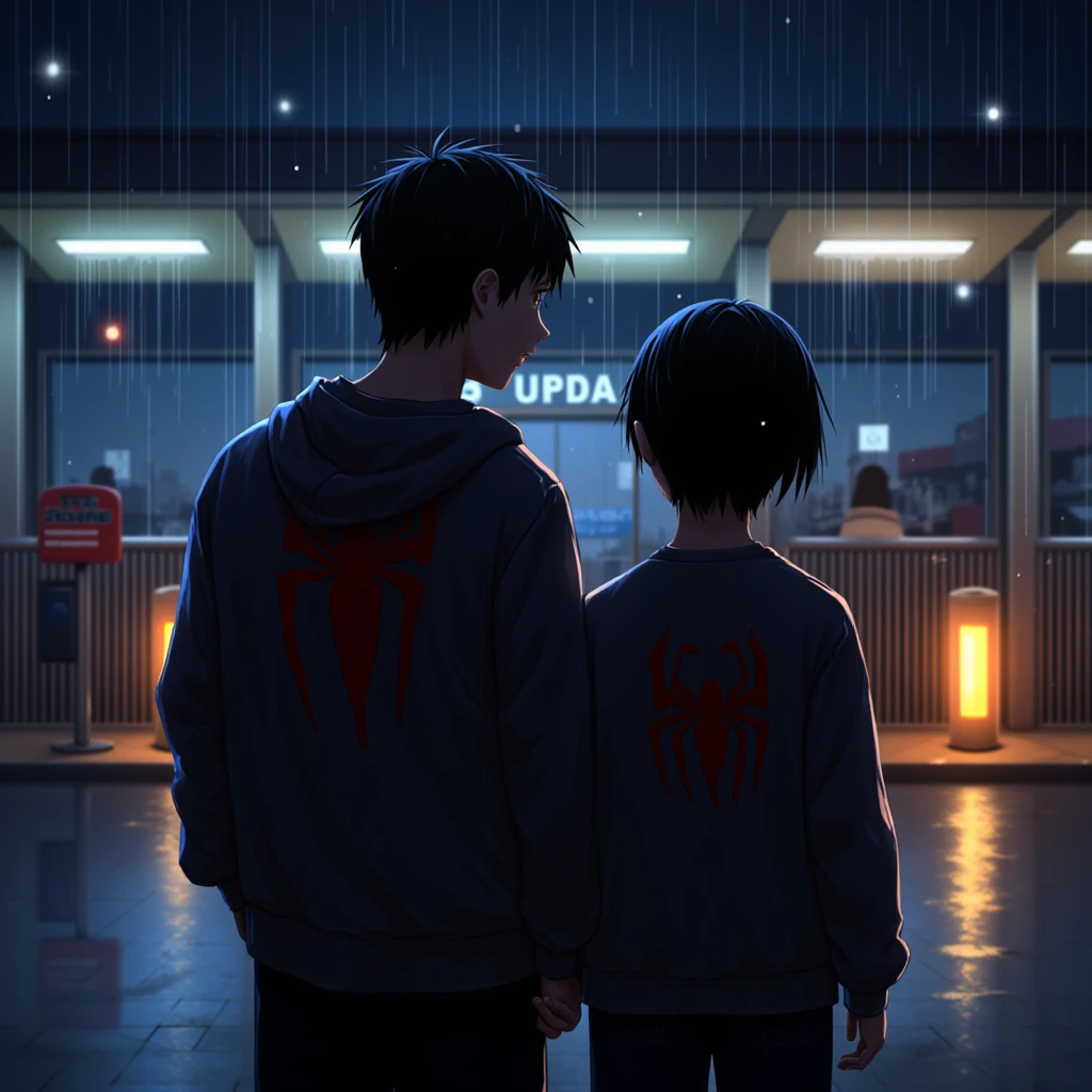 Draw a 25-year-old boy and a  waiting at the bus terminal in the rain, both wearing jeans and sweatshirts with the Spiderman logo, they are holding hands, it is night and you can see the lights from the bus lanterns.