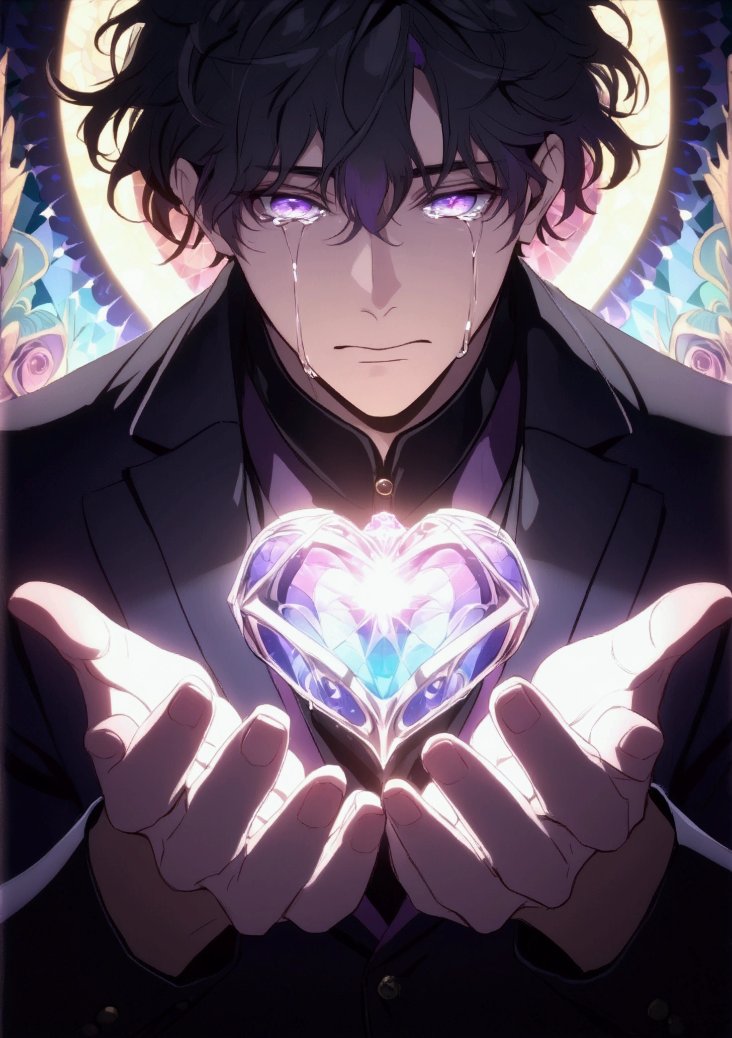 (solo), (1 male), handsome man, black hair with purple highlights, short hair, messy hair, downcast face, (crying expression), (holding a glowing jewel heart in both hands), ((masterpiece)), (kaleidoscope background: 1.3), (stylish), dynamic angle, chiaroscuro, (detailed face, detailed eyes, proportional hands, proportional anatomy), glowing, whimsical aesthetic