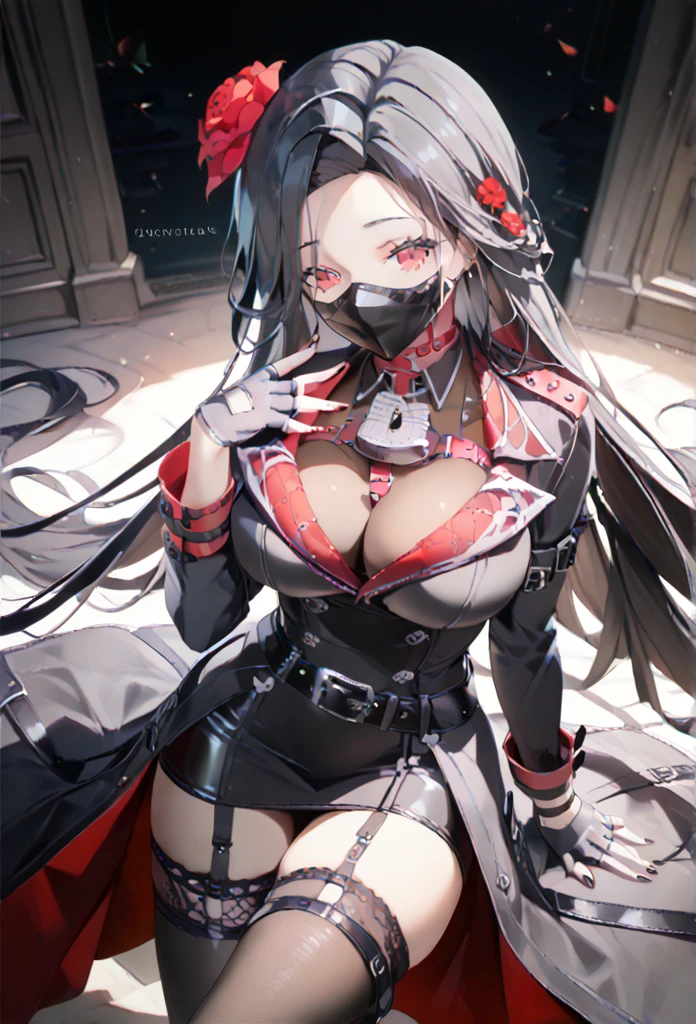 (Masterpiece, top quality: 1.4), high resolution, super fine illustration, fine skin, fine face, fine eye,

mdndef, red eyes, black hair, very long hair, large breasts, red flower, hair flower, black mouth mask, lock collar, between breasts, harness, black coat, cleavage, bodystocking, black belt, arm belts, black gloves, fingerless gloves, black thighhighs, garter straps, black nails