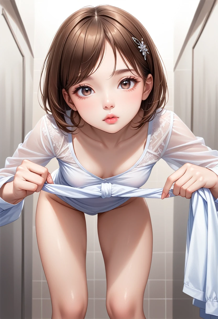 (Ultra-Detailed, Top Quality, High Resolution, Sharp Focus:1.4), (Craftsmanship Hyper-Realistic Photography:1.4), A pretty 20 year old tiptop supermodel woman is bent over in a bathroom, undressing, pulling her panties down to her knees, unbuttoned white blouse, revealing her small breasts and tiny elastic nipples, blushing and looking at the viewer. She has medium brown hair and a hair clip, smooth pale skin, dark eyes, a narrow nose, an open mouth, rosy cheeks, shiny lips, small breasts. Her face, body and even the texture of her hair are rendered in extreme detail. Front view, cowboy shot.