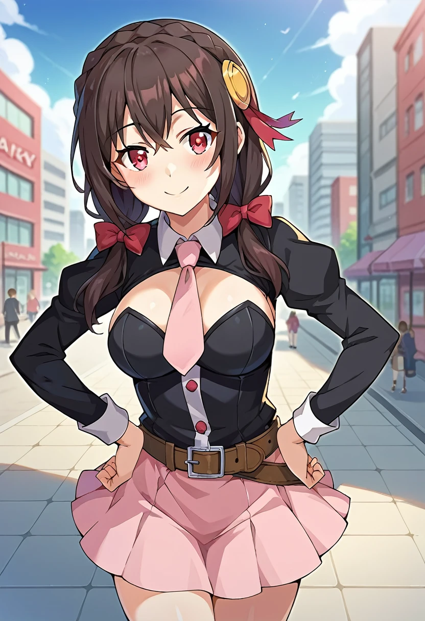 best quality, masterpiece, highres, score_9, score_8_up, score_7_up, score_6_up, score_5_up, score_4_up, BREAK source_anime,city,outdoor,smile,standing,put hands on hips,yunyun, black hair, hair ornament, red eyes,hair bow,red bow, crown braid,black shirt, long sleeves,pink necktie, belt, cleavage cutout, pink skirt,