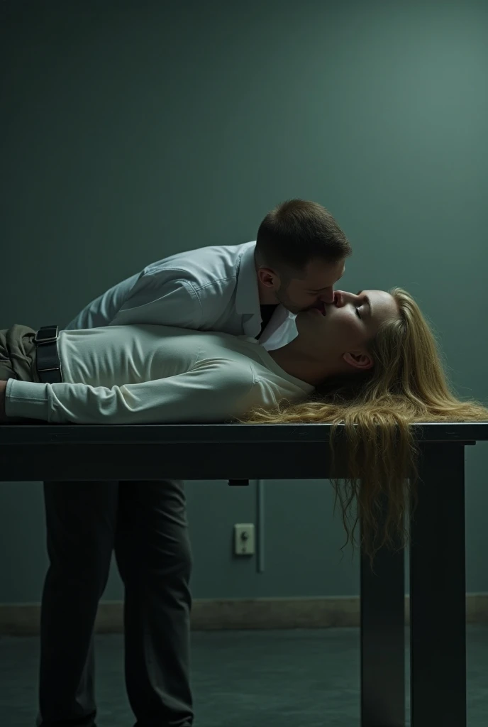 Voldemort is kneeling next to Ginny
Weasley, who is lying on the ground. Her shirt is lifted, exposing her bare abdomen. Voldemort is pressing and palpating Ginny's exposed abdomen with his hand, applying careful and deliberate pressure. The scene is tense, with Voldemort's focused expression contrasting with Ginny's peaceful, almost unconscious state. The dim light in the room highlights the contact between Voldemort's hand and Ginny's abdomen, emphasizing the invasive
nature of the touch.