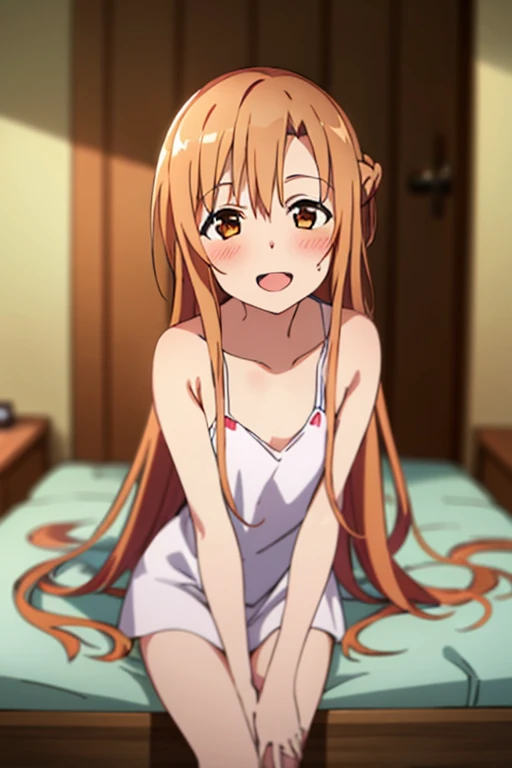 ((Best Quality)), ((masterpiece)), (be familiar with),  perfect face, indoor, bedroom,  is watching viewers,
One woman, Yuuki Asuna,
 open mouth , Ecstatic expression, blush, smile,
Small breasts,  flat chest, , , child, Girl,
Long Hair,  long hair,
Leg spread,