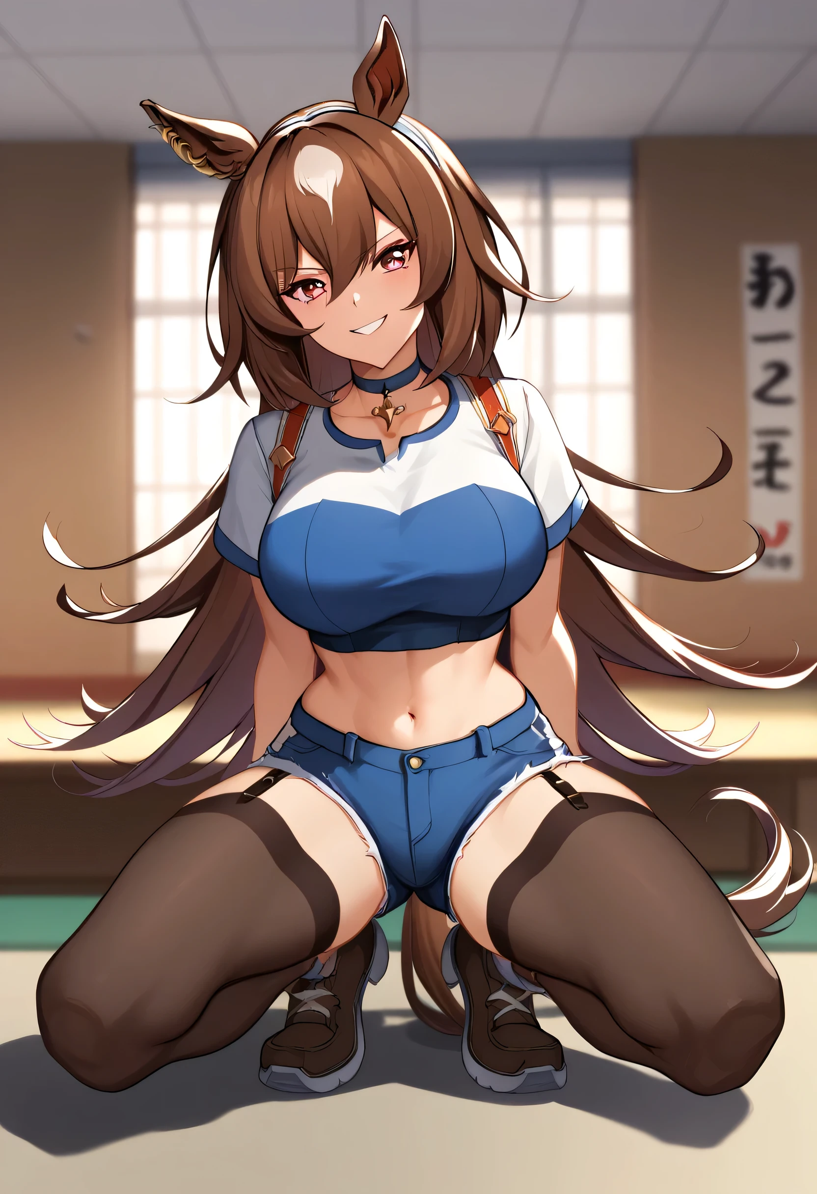 masterpiece, Best Quality, 1 person, detailed background 、A person who writes in detail、Accurate human body、Knowledgeable person、( accurate 5 fingers ), female high school student female,Thighsが太い,curvy body、Thighs、Alone,(large breasts), 1girl,blue shorts and crop top, 1girl, sirius symboli, horse tail, streaked hair, brown hair, white hair, animal ears, ear ornament, red eyes,, pantyhose, tail, breasts, brown hair, shorts, shoes, blue shorts, full body, crop top, looking at viewer, smile, brown footwear,Wedding ring on left ring fingermy wife,training room,choker,