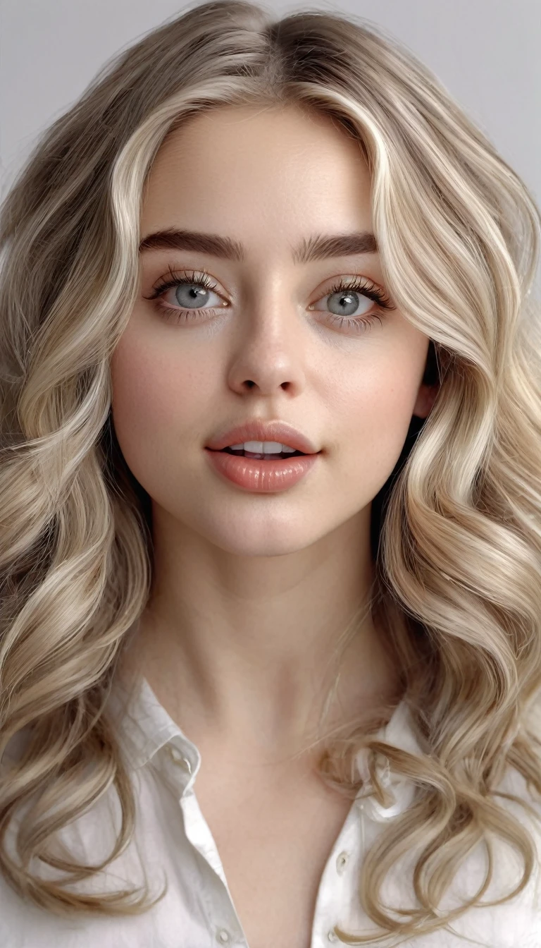  Realistic high definition photograph of a girl , 18k, 9:16,  Quality Professional Photo Studio .  Girl in her 20s ,  Long shoulder-length hair with wavy blonde style , white skin,  aesthetic lips and big eyes perfectly aligned with her mouth,  almost white gray irises . Girl with a cheerful appearance ,  saggy lips and a fascinating look 