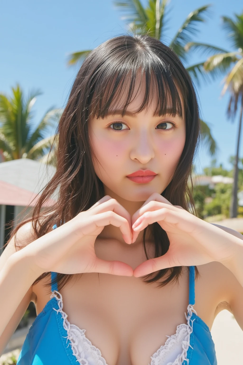 She is in a pose wearing a sexy bikini swimsuit, making a firm big heart shape with both hands and holding it in front of her chest

