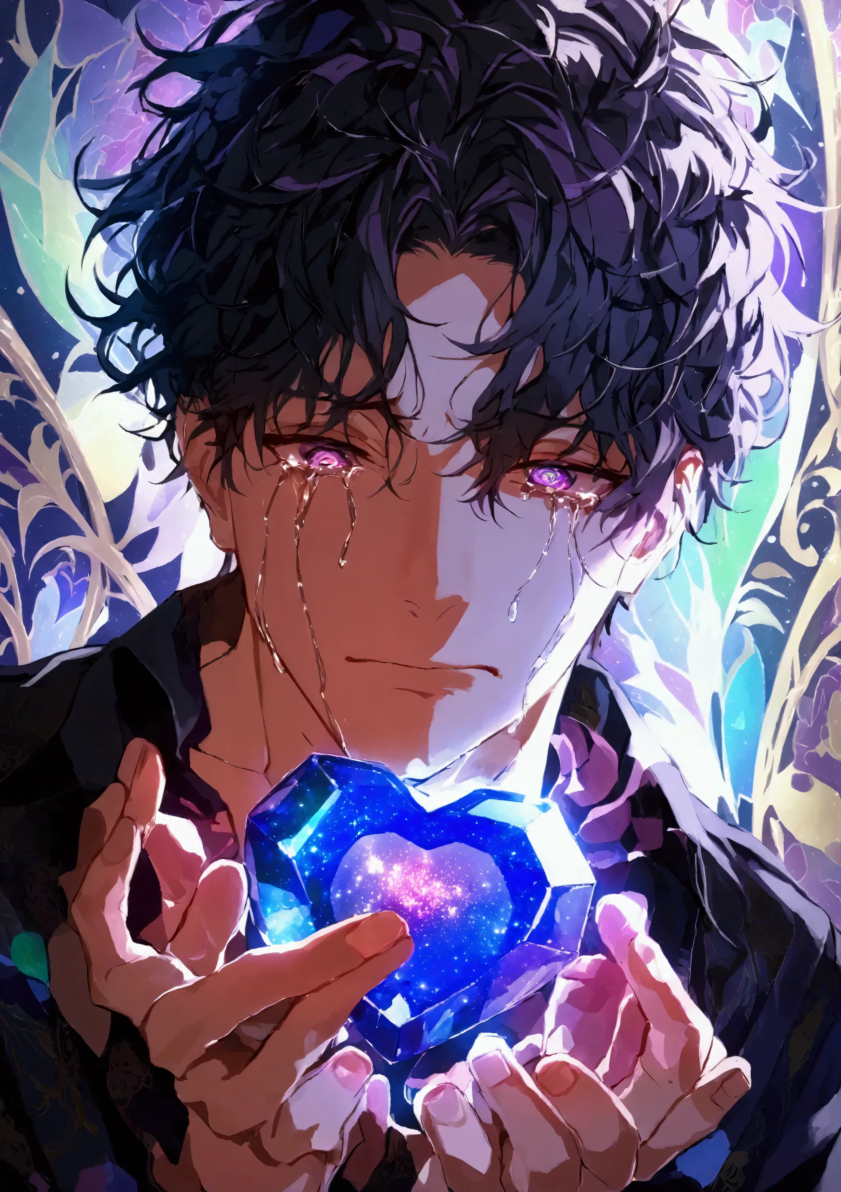 (solo), (1 male), handsome man, black hair with purple highlights, short hair, messy hair, downcast face, (crying expression), (holding a glowing jewel heart in both hands), ((masterpiece)), (kaleidoscope background: 1.3), (stylish), dynamic angle, (detailed face, detailed eyes, proportional hands, proportional anatomy), glowing, whimsical aesthetic