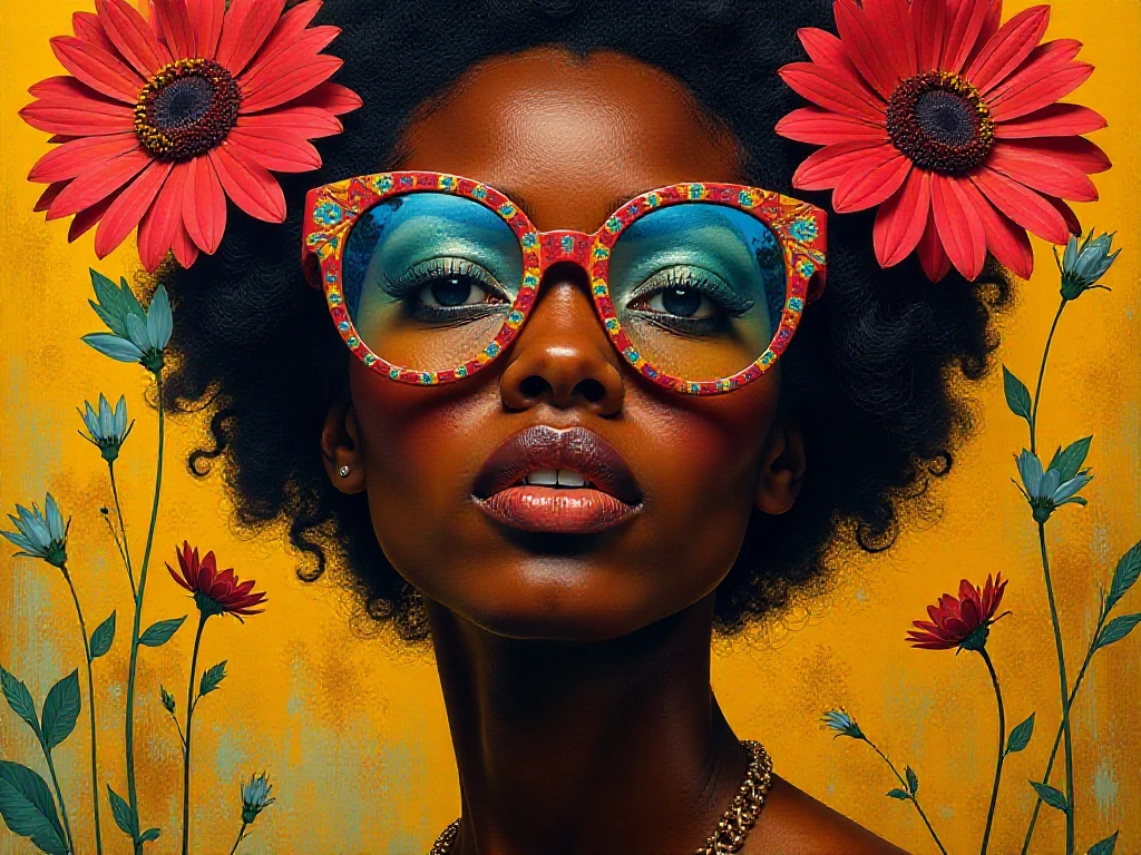 This artwork brilliantly overlays themes of beauty and abstraction, presenting an electrifying confrontation between the figure and its vivid surroundings. Utilizing influences from Afrocentric design, expressionism, and minimalist sensibilities, the artwork's subject showcases an engaging visage against bold compositional elements. Glasses crafted with imaginative designs offer a burst of floral patterns that interact seamlessly with multifaceted geometric layers in dynamic colors. Warm and cool contrasting tones resonate across the canvas, instigating inquisitive reflections. Playful textures, evocative details, intricate motifs, visual harmony, layered designs, vibrant integration, stimulating aesthetics, and cultural narratives.

