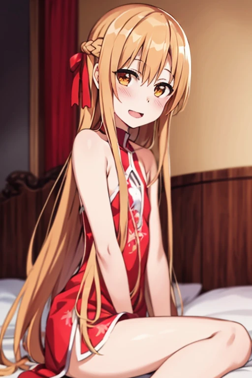 ((Best Quality)), ((masterpiece)), (be familiar with),  perfect face, indoor, bedroom,  is watching viewers,
One woman, Yuuki Asuna,
 open mouth , Ecstatic expression, blush, smile,
Small breasts,  flat chest, , , child, Girl,
Long Hair,  long hair,
Leg spread,