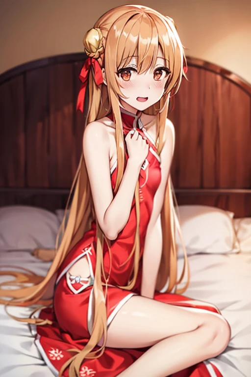 ((Best Quality)), ((masterpiece)), (be familiar with),  perfect face, indoor, bedroom,  is watching viewers,
One woman, Yuuki Asuna,
 open mouth , Ecstatic expression, blush, smile,
Small breasts,  flat chest, , , child, Girl,
Long Hair,  long hair,
Leg spread,