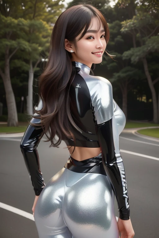 (Ultra-detailed 8K RAW photography, The best quality,  masterpiece : 1,2), {8K photo quality:1.2}, { ultra high resolution photo quality :1.2}, {ultra-realista1.2}, {perfect member }.
{ A 29-year-old Japanese woman, Loose hair up to the neck .
1 Females, alone,  He wears a tight jersey white latex cycling jersey metallic ,  car race with lots of sponsor logos .., { His tight  jersey shiny latex suits with lots of sponsor logos.:1.5},  Being in metallic , ( back view)