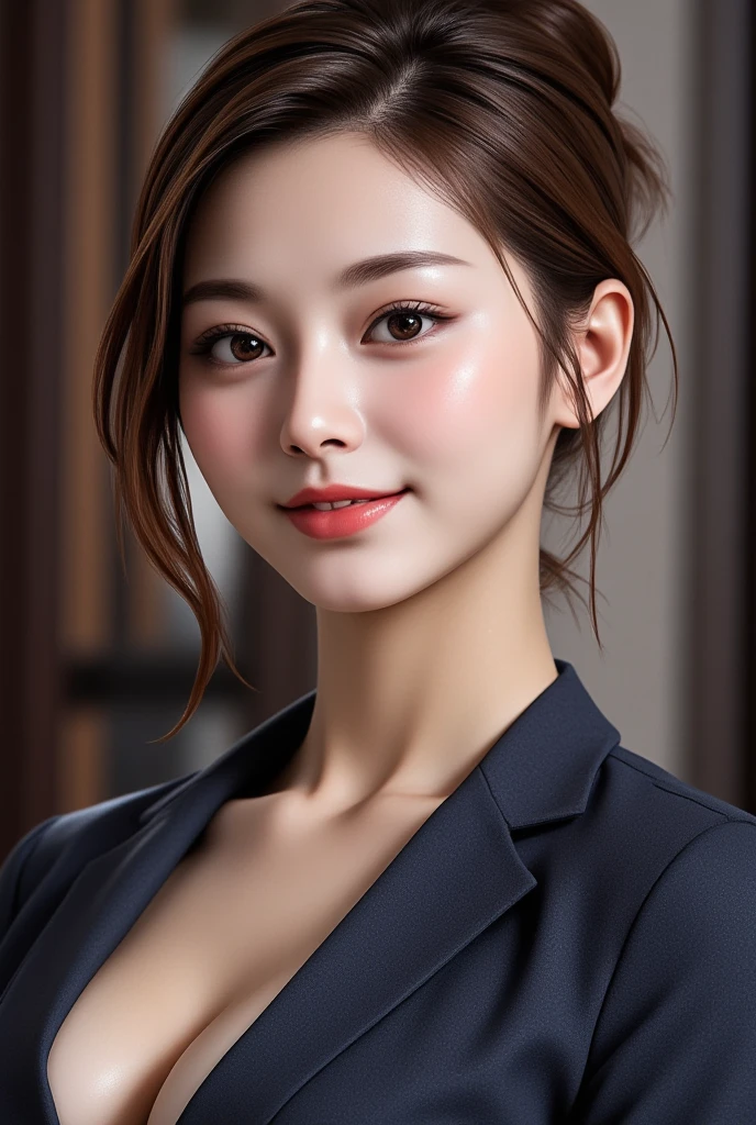 masutepiece, Best Quality, Photorealistic, Ultra-detailed, finely detail, High resolution, 8K Wallpaper, 1 beautiful woman,, light brown messy hair, in a business suit, foco nítido, Perfect dynamic composition, Beautiful detailed eyes, detailed hairs, Detailed realistic skin texture, Smiling, Close-up portrait, Model body type