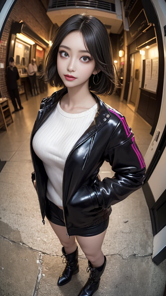 (((8k wallpaper of extremely detailed CG unit:1.2, ​masterpiece, hight resolution:1.2, top-quality:1.2, masutepiece))), ((a very beautiful woman, natta:1.4, Neon Street:1.4, Hands in pockets:1.8, Street fashion:1.5, Wearing a jacket:1.3, Wearing boots)), ((extra detailed face, Highly detailed black eyes, extra detailed body, Top quality real texture skins)), (A dark-haired:1.2, straight haired:1.2, The short-haired, white skinned, exposed shoulder), ((natta:1.4, Neon Street:1.4, Back alley)), (high-angle:1.1, a closeup, Fisheye:1.4), hyper realisitic, digitial painting,Black Hair,  purple eyes, Eyes with clear pupils, 