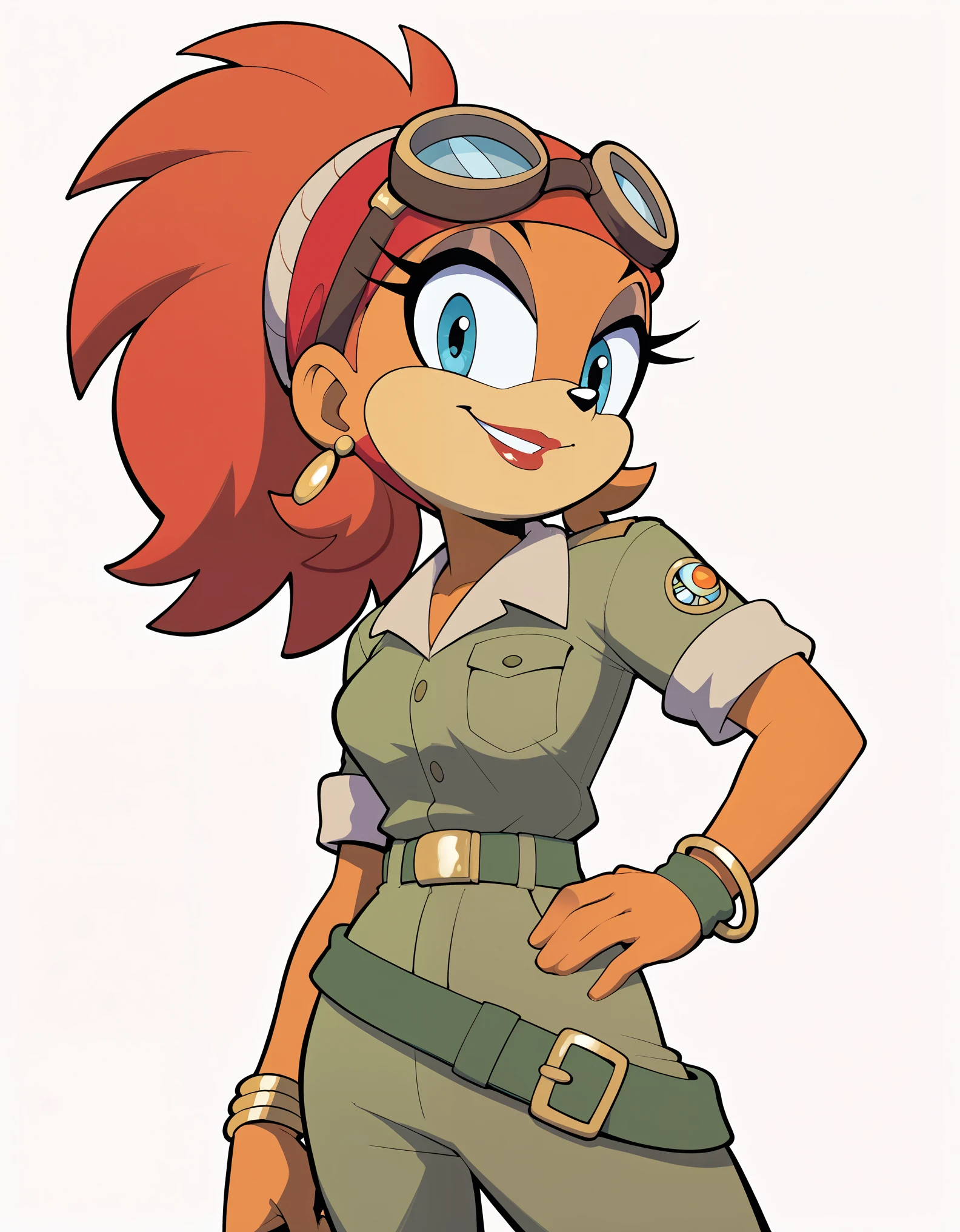 score_9, score_8_up, score_7_up,, A female character with characteristics used in the IDW's Sonic universe.whole body.CHARACTERISTICS;racoon .outfit;safari explorer's clothes,bracelet,aviator googles,necklase,lequer.clothes colors are ;Green and red