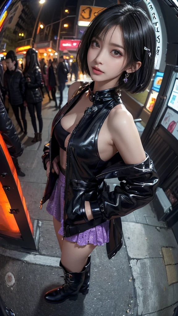 Ayane, purple hair, red eyes, (best quality, ultra-detailed), (realistic:1.37), beautiful and detailed face, ultra-realistic texture, delicate face, delicate body, red lipstick, long-lasting colors. high definition, 8K. expression with a sexy look