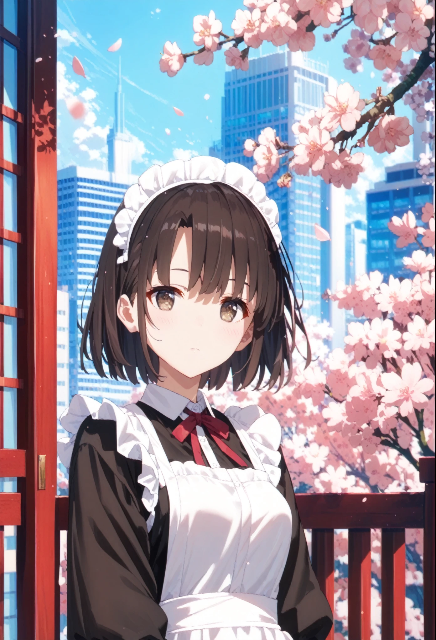 katou megumi, 1girl, solo, bangs, short hair, brown hair, brown eyes, black hair,maid dress,white apron, cherry blossoms,cityscape