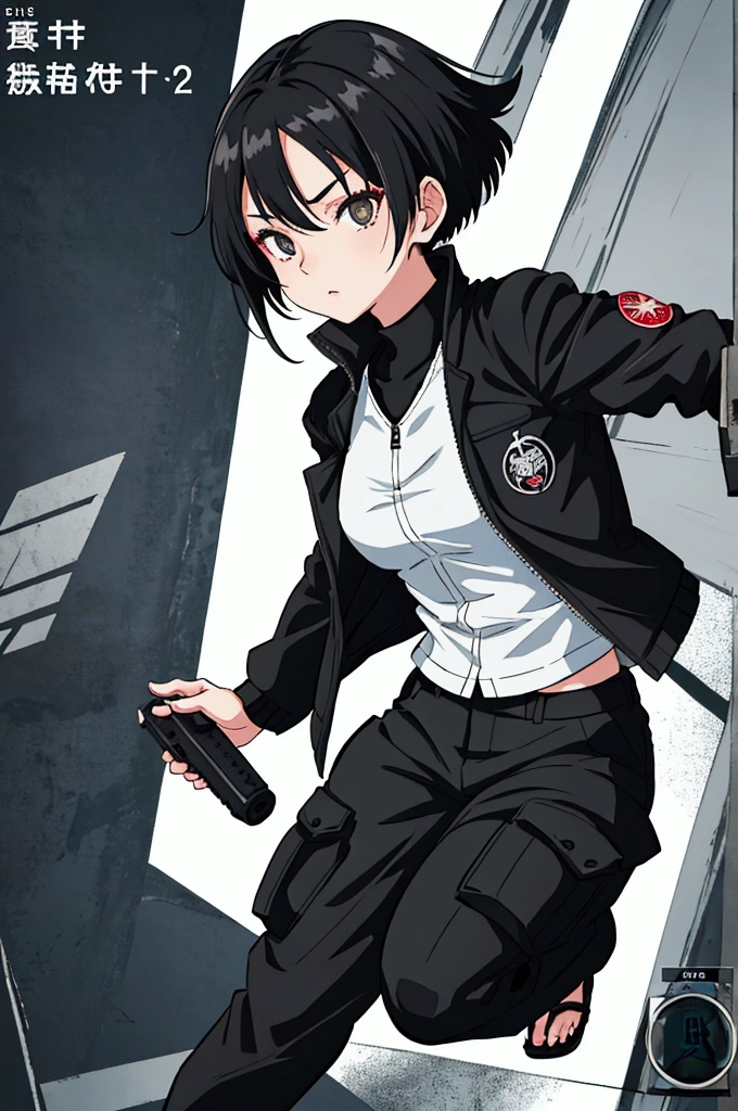 screenshot tokyo revengers, young girl with short black hair with white locks in front, slanted white eyes, black jacket and large, loose black cargo pants, tokyo revengers style