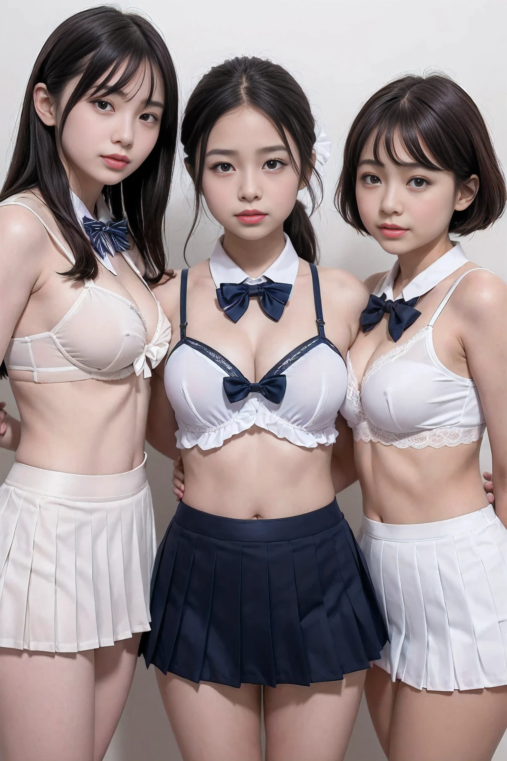 (4k, high quality, high quality, masterpiece), (realistic),  ((Three girls in front of a white wall, drawn evenly centered on both sides, head to thighs)), ((body facing me, looking at me)), (((bow tie around neck, sailor lingerie, pleated micro mini skirt))), (black hair,  face, smile, beautiful cleavage, beautiful thighs)), several high school girls trapped by me, brainwashed by me, manipulated at my will, they are brainwashed by the bow tie around their necks.