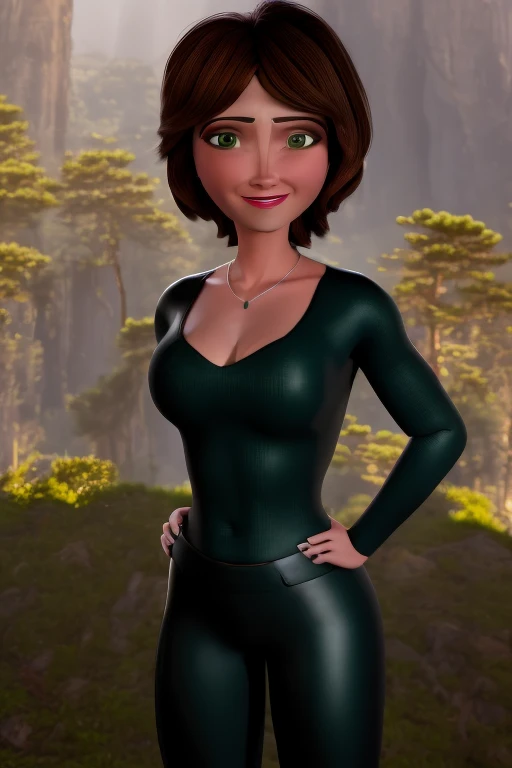 aunt cass, modern disney style,1girl, solo, medium breasts, brown hair, short hair, green crop-top, black shiny leggings, looking at viewer, green eyes, upper body, smile, cleavage, lips, full body portrait