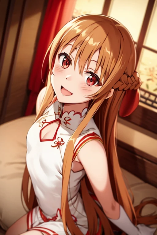 ((Best Quality)), ((masterpiece)), (be familiar with),  perfect face, indoor, bedroom,  is watching viewers,
One woman, Yuuki Asuna,
 open mouth , Ecstatic expression, blush, smile,
Small breasts,  flat chest, , , child, Girl,
Long Hair,  long hair,
Leg spread,