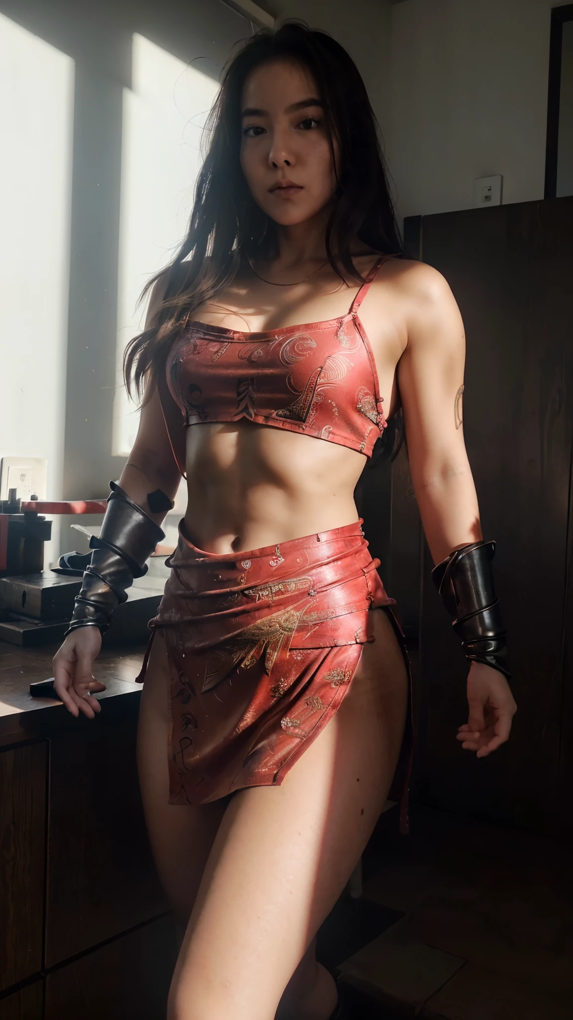 (masterpiece, top-quality:1.3),(Top image quality,8K,​masterpiece:1.3),Realistic high-quality photos, Cinematic Light, Photorealistic, Super beauty、(Female ninja:1.3), Extremely agile warrior, fitness, intricate-detail, Red Ninja Costume, two swords, asian 25 year old girl, (small-breasted:1.3)