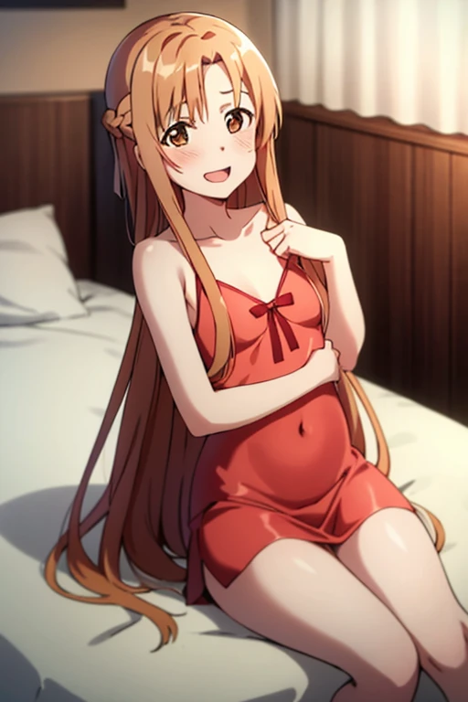 ((Best Quality)), ((masterpiece)), (be familiar with),  perfect face, indoor, bedroom,  is watching viewers,
One woman, Yuuki Asuna,
 open mouth , Ecstatic expression, blush, smile,
Small breasts,  flat chest, , , , Girl,
Long Hair,  long hair,
Leg spread,