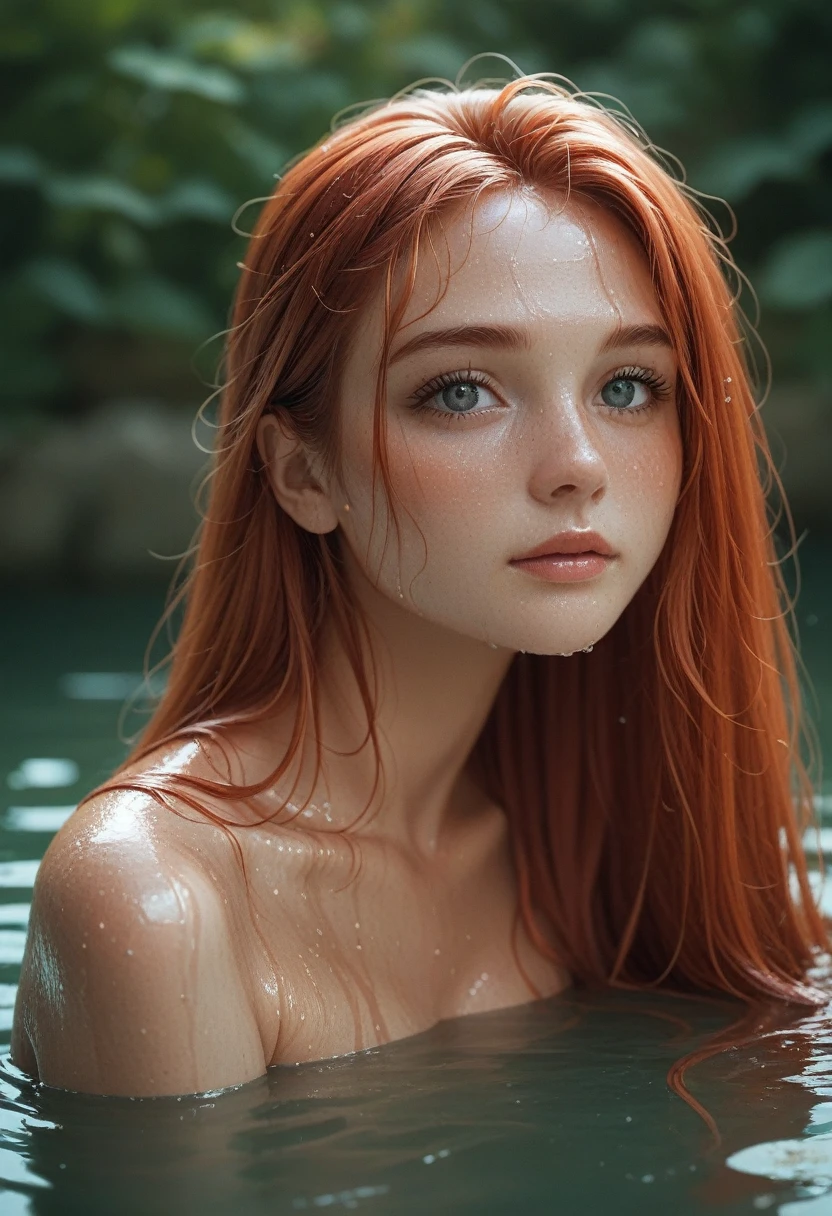 Beautiful redhead woman submerged in water, sonrriendo, ultra definition, cubriendose los senos, maximum detail of the skin, wet skin, Play of light and shadows