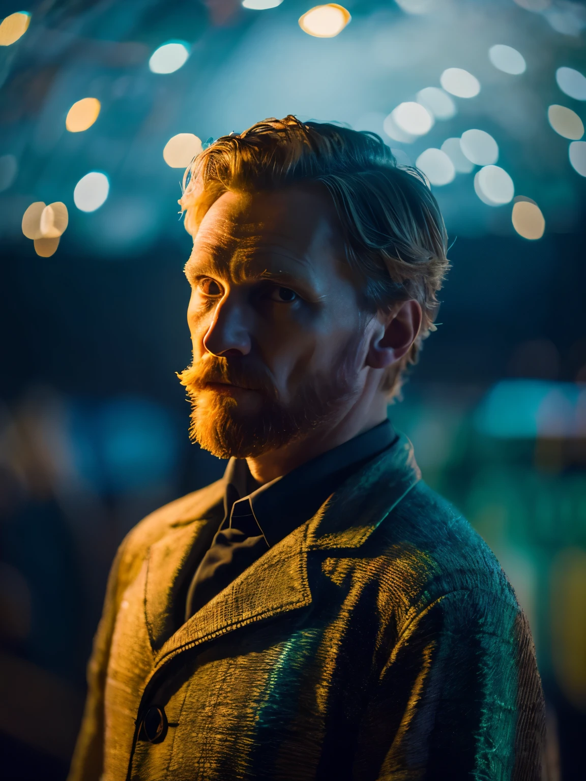 Selfie of impressionist painter Van Gogh, against the backdrop of a starry night, 8K camera, wide view, (Best Quality), Complex and detailed 3D rendering, Cinematic light, films, photograph realistic