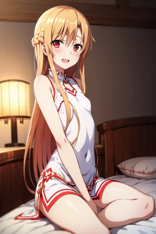 ((Best Quality)), ((masterpiece)), (be familiar with),  perfect face, indoor, bedroom,  is watching viewers,
One woman, Yuuki Asuna,
 open mouth , Ecstatic expression, blush, smile,
Small breasts,  flat chest, , , child, Girl,
Long Hair,  long hair,
Leg spread,