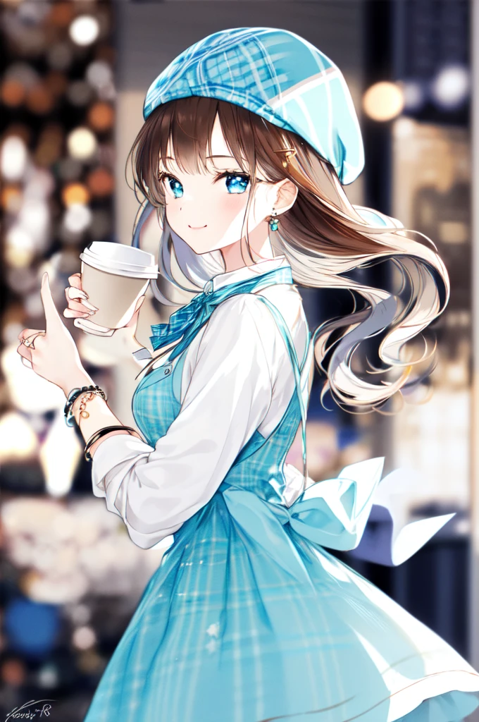 -first love, 1girl, solo, jewelry, plaid dress, looking at viewer, cup, earrings, hat, blue eyes, long hair, coffee cup, plaid, shirt, disposable cup, holding, signature, ring, hair ornament, holding cup, long sleeves, brown hair, upper body, dress, neck ribbon, ribbon, bangs, closed mouth, smile, white shirt, yellow nails, hairclip, nail polish, from side, aqua ribbon, blurry background, beret, plaid shirt, blue ribbon, blurry, brown headwear, bag, breasts, plaid headwear, bracelet