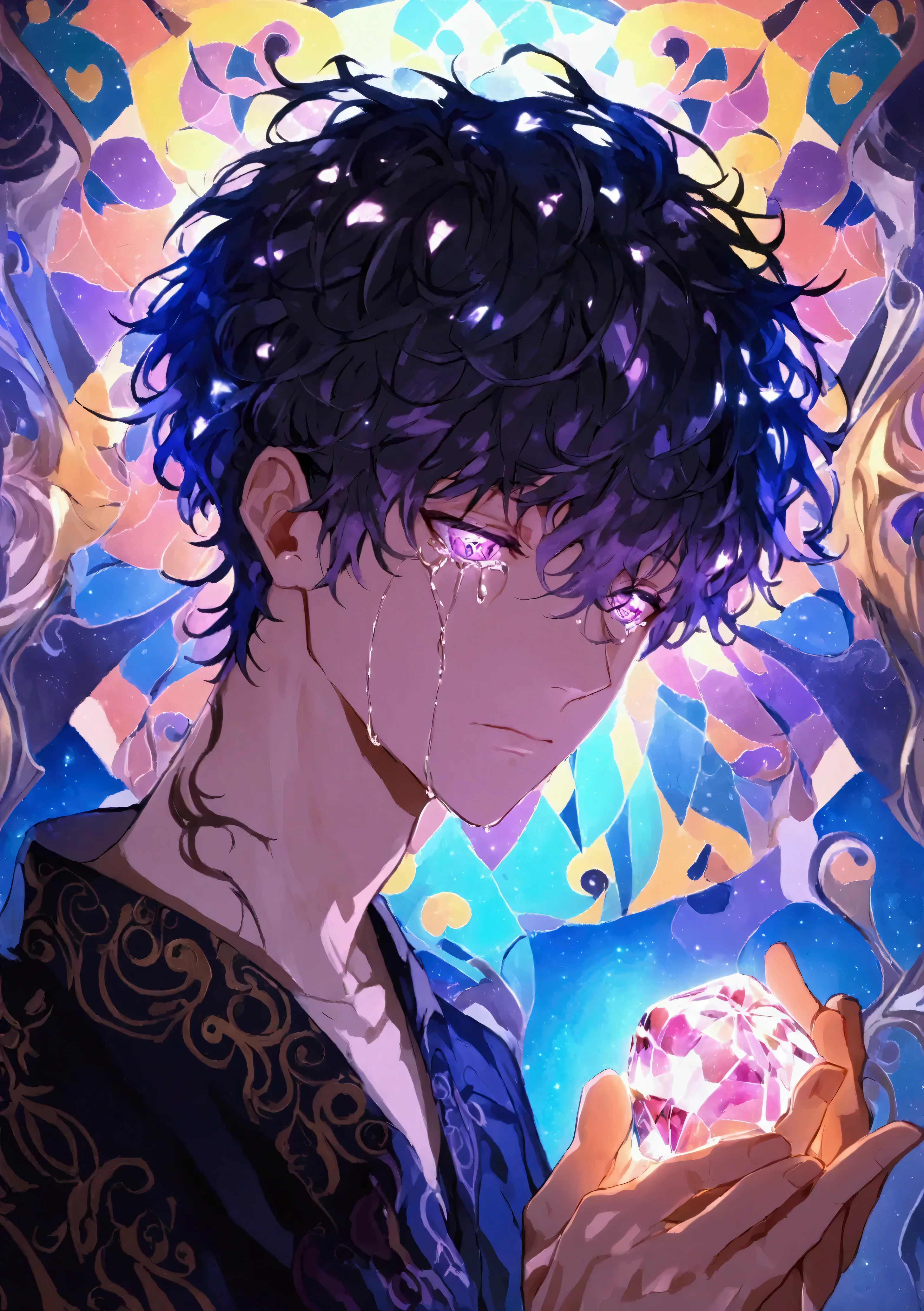 (solo), (1 male), handsome man, black hair with purple highlights, short hair, messy hair, downcast face, (crying expression), (holding a glowing jewel heart in both hands), ((masterpiece)), (kaleidoscope background: 1.3), (stylish), dynamic angle, (detailed face, detailed eyes, proportional hands, proportional anatomy), glowing, whimsical aesthetic
