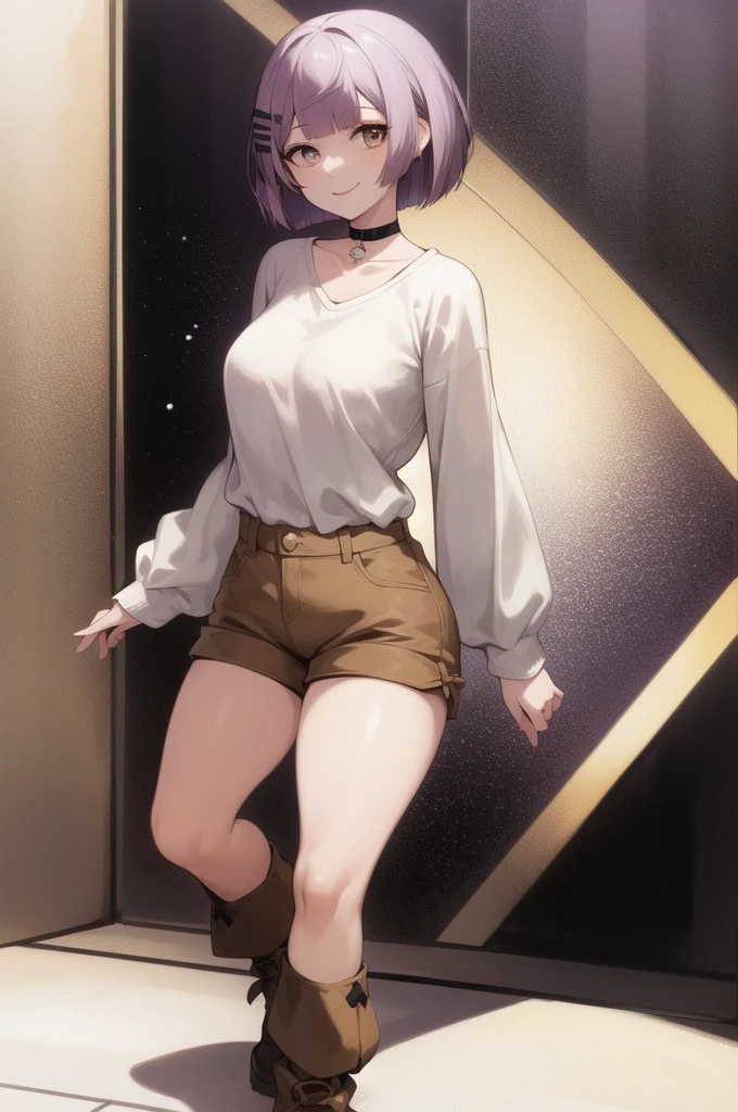 2D, masterpiece,  best quality ,  Highly Detailed Face , high definition eyes ,   Extremely Detailed Backgrounds  , perfect lighting, Full Body,  1 girl, Alone,  bob cut ,White sweater, brown shorts ,Brown boots, purple jumper , cool vibe , Purple Hair, chest,  choker,smile, Hair Clip, simple background, Character portrait,