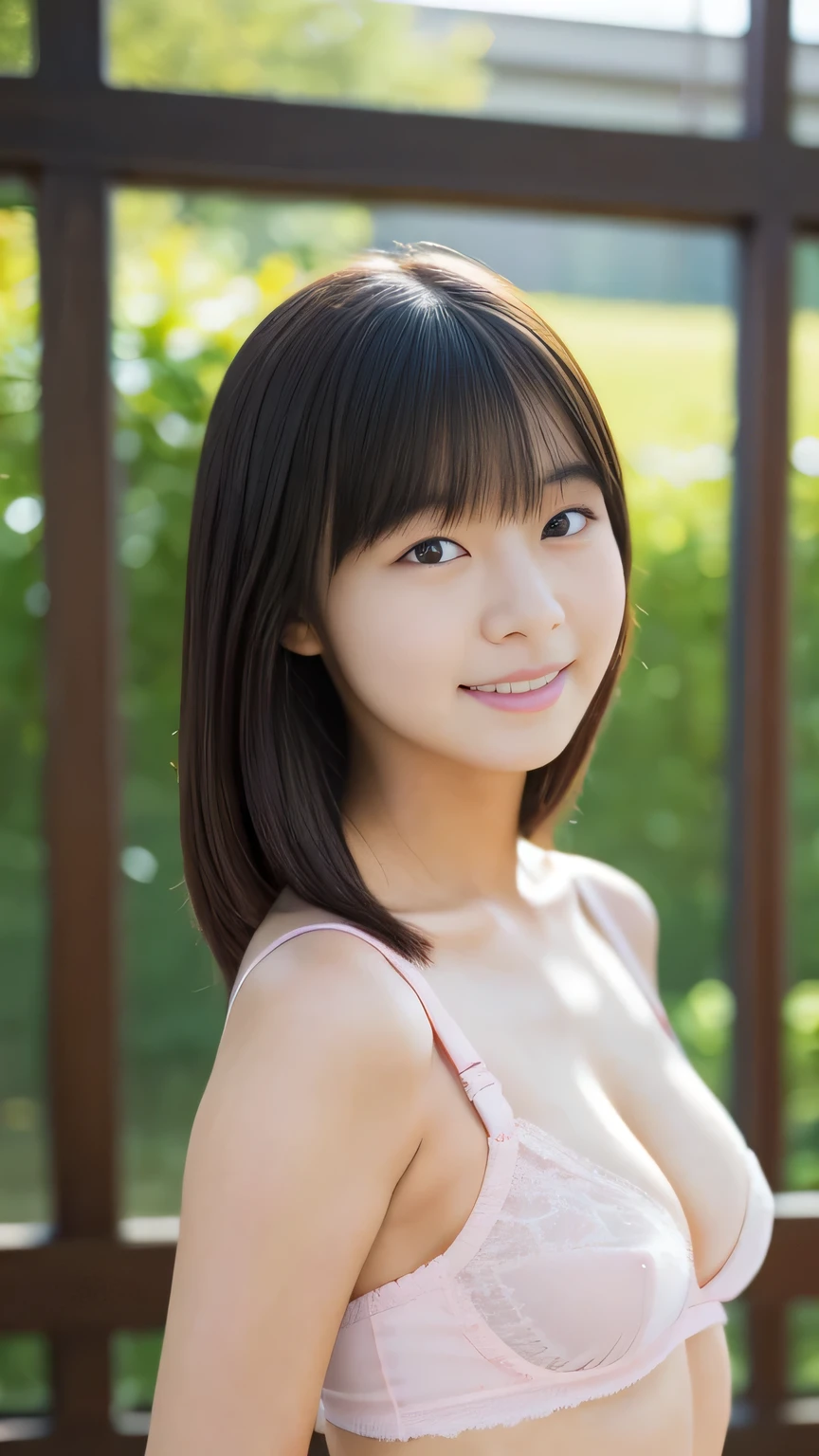 lens: 135mm f1.8,(  best quality  ),(masterpiece:1.1), (  BEAUTIFUL GIRLS), Japanese girl who can show off her body,   Cute face,  ((  flat chest)), (Small breasts),
( sculpted face:0.7),  (hitornfreckles:0.6),  Pretty lips, shame, (Front Blade),
classroom、Full body images、Provocative smile、Pink underwear、(Super Aggressive )