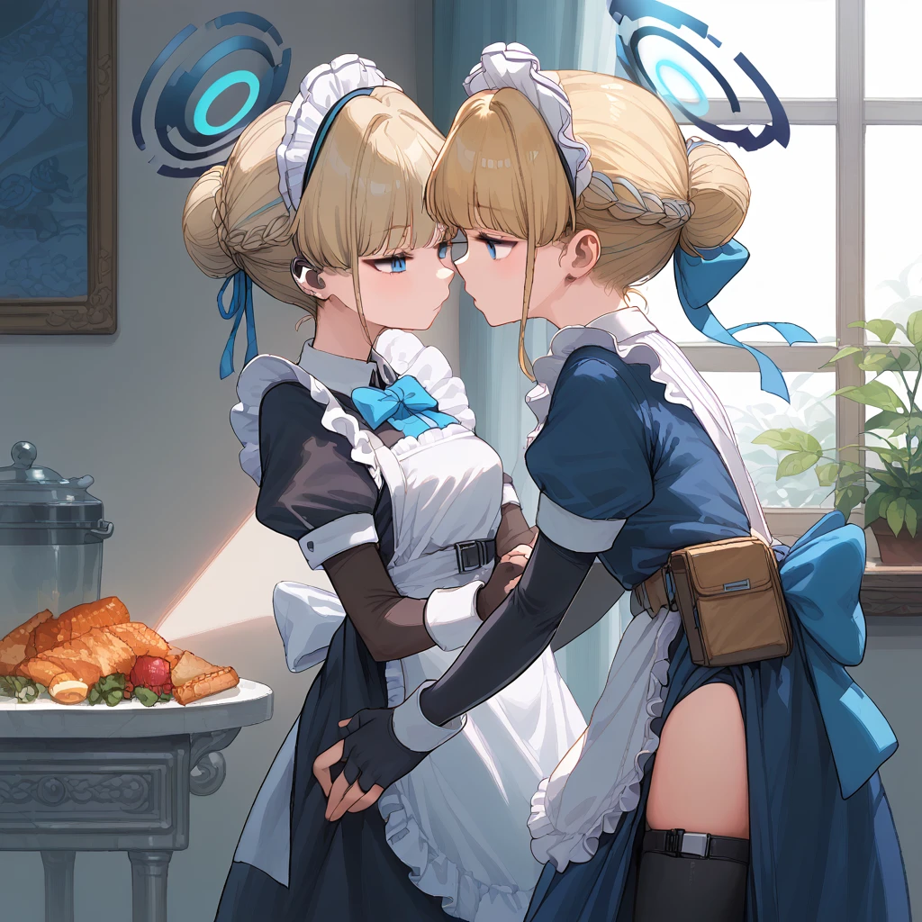 toki, blonde hair, blue eyes,pixel art
hair bun, short hair, halo, apron, belt pouch, black dress, black gloves, blue bow, bow, dress, elbow gloves, fingerless gloves, gloves, halo, long sleeves, maid, maid apron, maid headdress,standing,sex,from side