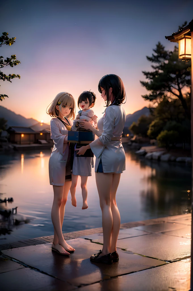 "A Japanese family experiencing the tranquility of a traditional onsen, nestled in a serene mountain setting. They are surrounded by the calming beauty of nature, with steam rising from the hot springs and lush greenery in the background. Each family member is relaxed, savoring the therapeutic properties of the different mineral-rich spring sources, such as sulfur, iron, and alkaline. The onsen area is adorned with stone pathways, wooden bath structures, and soft lantern lighting, creating an atmosphere of peace and cultural immersion. The family shares smiles and peaceful expressions, bonding over the warmth and tranquility of the natural baths."