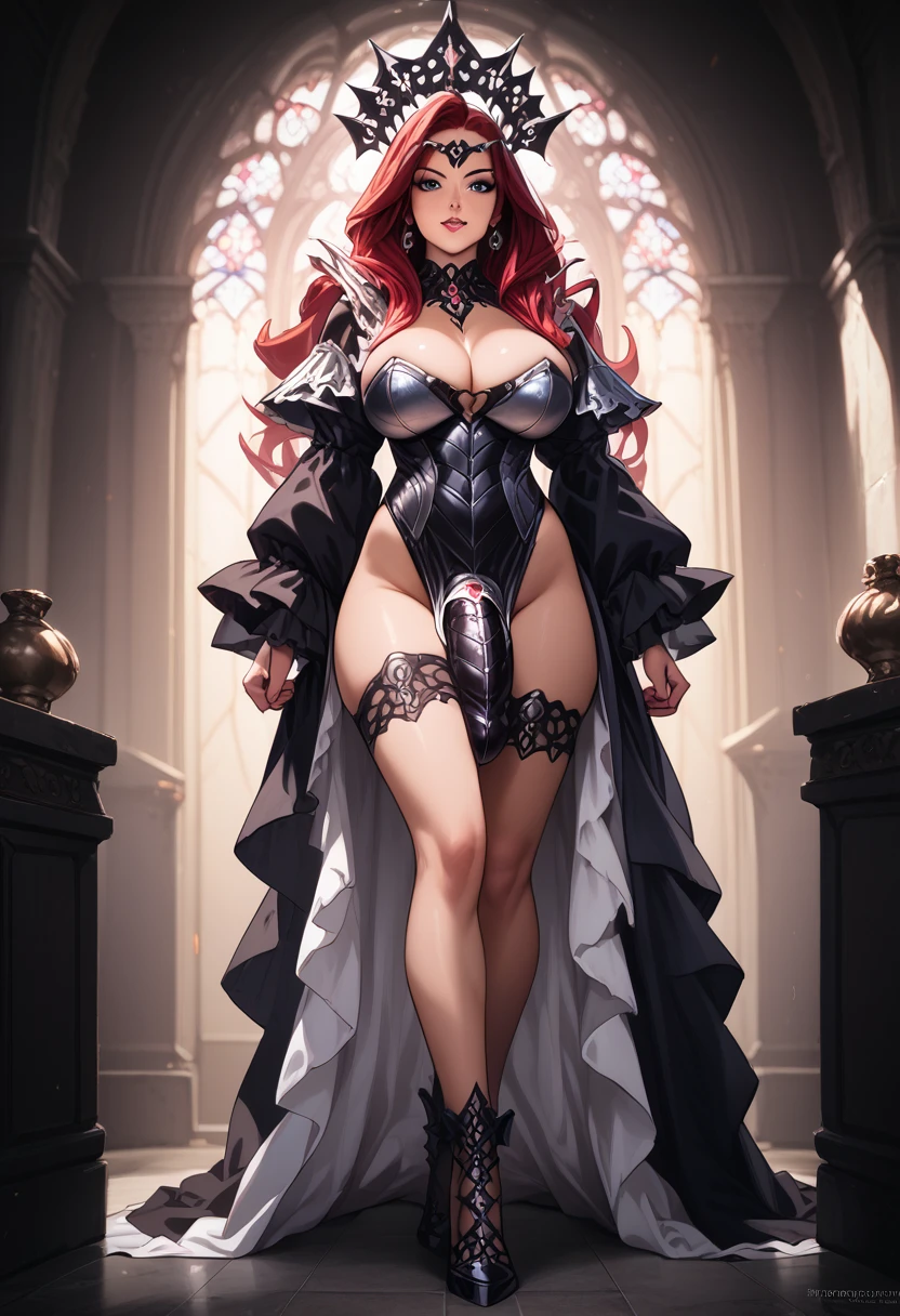 A sexy witch futanari with a voluptuous Venus-like figure, huge breasts, full-body view, long red hair, long legs, detailed facial features, ornate gothic dress armor, glowing magical aura, dramatic lighting, cinematic composition, (best quality, 8k, highres, masterpiece:1.2), ultra-detailed, realistic, photorealistic, photo-realistic:1.37, dark fantasy, chiaroscuro, dramatic colors, moody atmosphere, no nsfw
