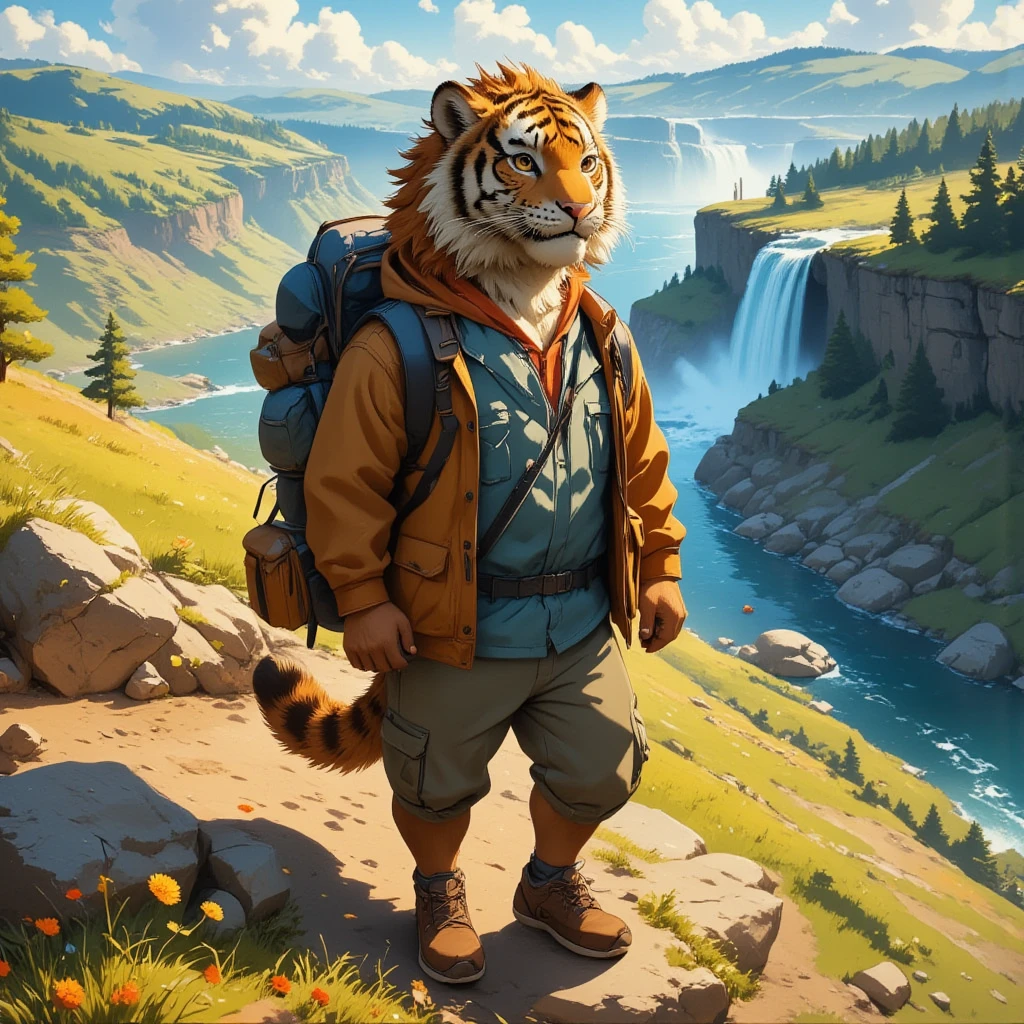 character focus, full body, looking away, from above, dynamic angle, american country, backpacker, middle-aged tiger man, BREAK happy, little smile, clothed, jacket, shirt, backpack, baseball cap, half pants, sneaker, standing, hiking, dynamic pose, complete anatomy, perfect proportions, beautiful thigh gap, fluffy body, intricate fur details, beautiful fur texture, BREAK (a detailed tiger 1tail), detailed sneaker, beautiful foot, BREAK detailed hands, 5fingers, 5fingers nails, BREAK aesthetic anime face, insanity detailed face, male face, big face, square jawline, aesthetic anime eyes, detailed brown eyes, detailed brown cornea, detailed dark brown irises, detailed pupils, male eyes, big eyes, male eyebrows, innocent look, beautiful beard, BREAK full body in Michelangelo Buonarroti style, housamo style, watercolor-style, detailed painting landscape, afternoon, hillside, niagara falls, outdoor, full color, HDR, BREAK masterpiece, official art, best quality, very aesthetic, absurdres, super fine illustration, great quality, BREAK noise reduction, very highres, large filesize, high quality, 32K, 8k wallpaper, dynamic lighting, BREAK insanity detailed, ultra detailed, intricate details, extremely detailed, detailed texture, an extremely delicate and beautiful, full color, HDR, BREAK e621 illustration, osukemo, kemohomo, anthropomorphic, furry, cartoon, harmonious body, pastoral face, virtuous eyes, country atmosphere