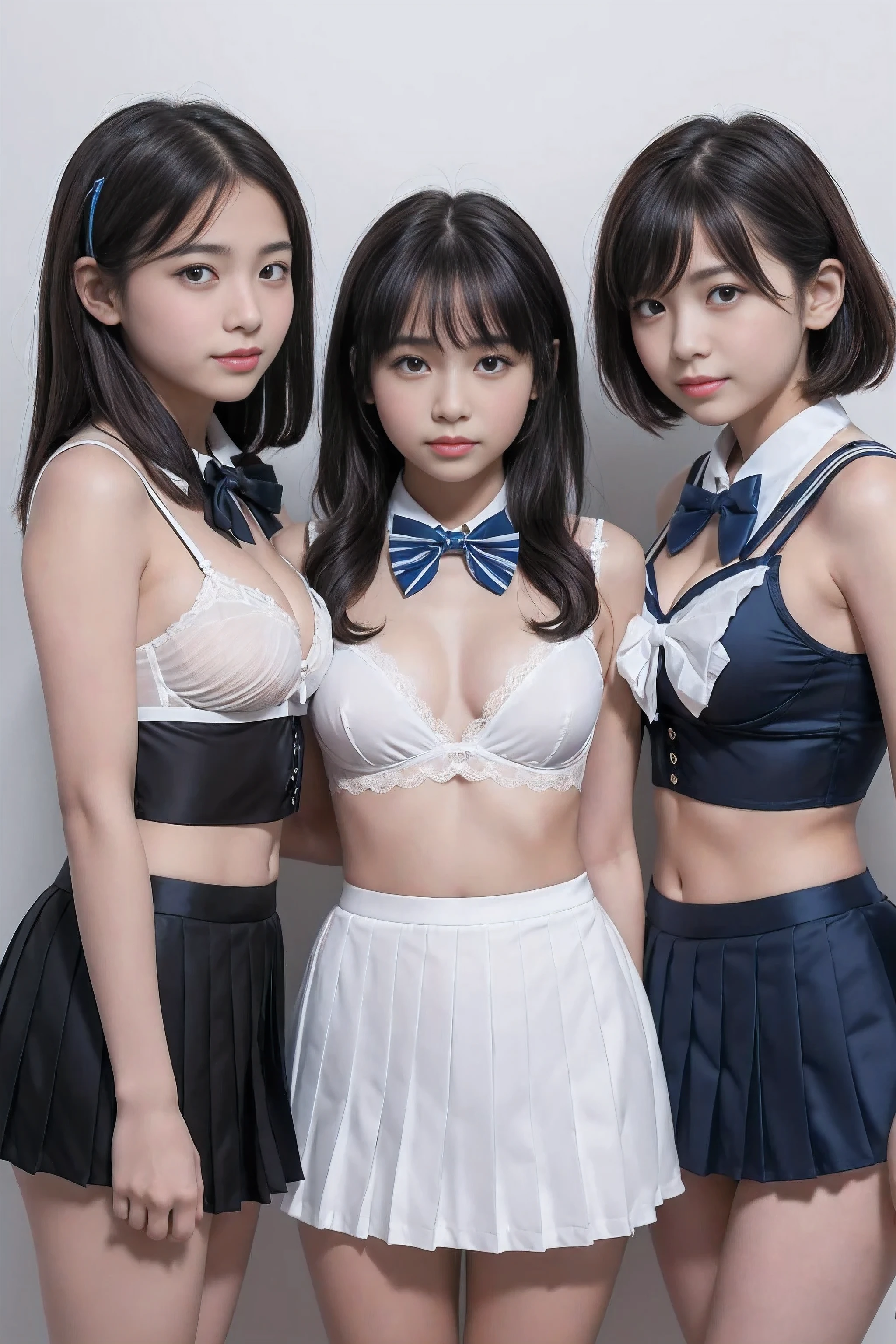 (4k, high quality, high quality, masterpiece), (realistic), ((Three girls in front of a white wall, drawn evenly centered on both sides, head to thighs)), ((body facing me, looking at me)), (((bow tie around neck, sailor lingerie, pleated micro mini skirt))), (black hair, face, smile, beautiful cleavage, beautiful thighs)), several high school girls trapped by me, brainwashed by me, manipulated at my will, they are brainwashed by the bow tie around their necks.