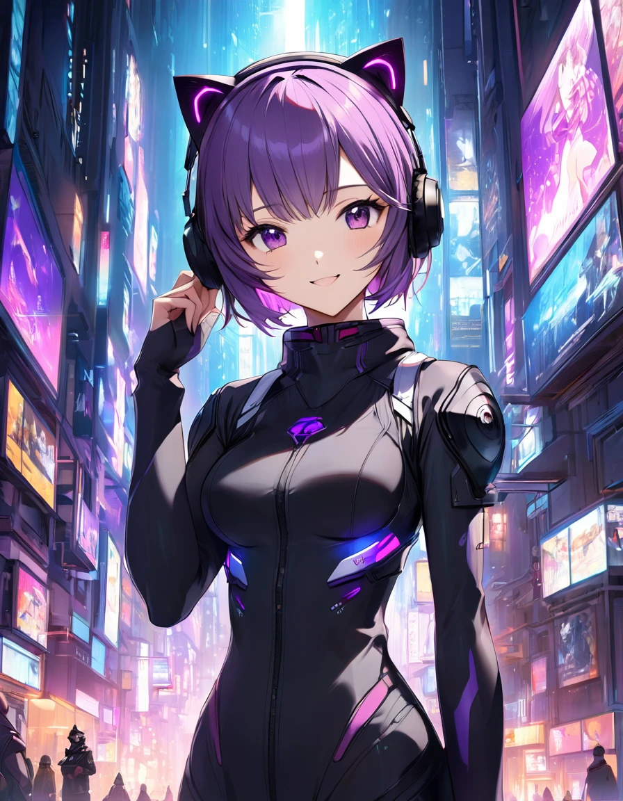 A cyberpunk-style girl of about  is standing in front of me.。Purple bob hair、Wearing cat ear headphones、Her black pilot suit-style outfit accentuates hegure.。With a proud smile、There is something cute about that expression, like a cat.。Her presence is overwhelming.、A background of the lights and shadows of a future city、She looks like the protagonist of a story.。The saturation is high、The screen is dark、Purple and blue are the main colors。