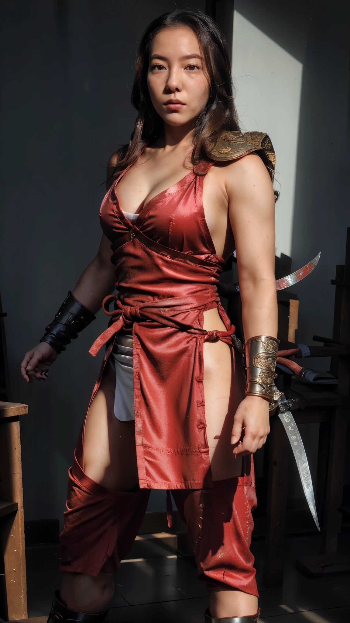 full body, female slave barefoot, Solo, female, (red skin), linen tunic, fantasy village, muscular, armor, slave outfit, armor, slave, bracers, shackles, choker