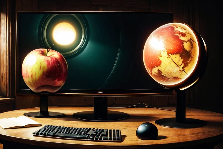 An illustration for a book, a masterpiece; In the gloomy basement there is a wooden table, on it a very old wooden desktop computer-a monoblock. Abnormal monitor form, spherical monitor, (((Spherical monitor with a round screen))). There is a screensaver on the screen depicting a ripe apple rolling across the screen: "An apple rolling on a saucer"