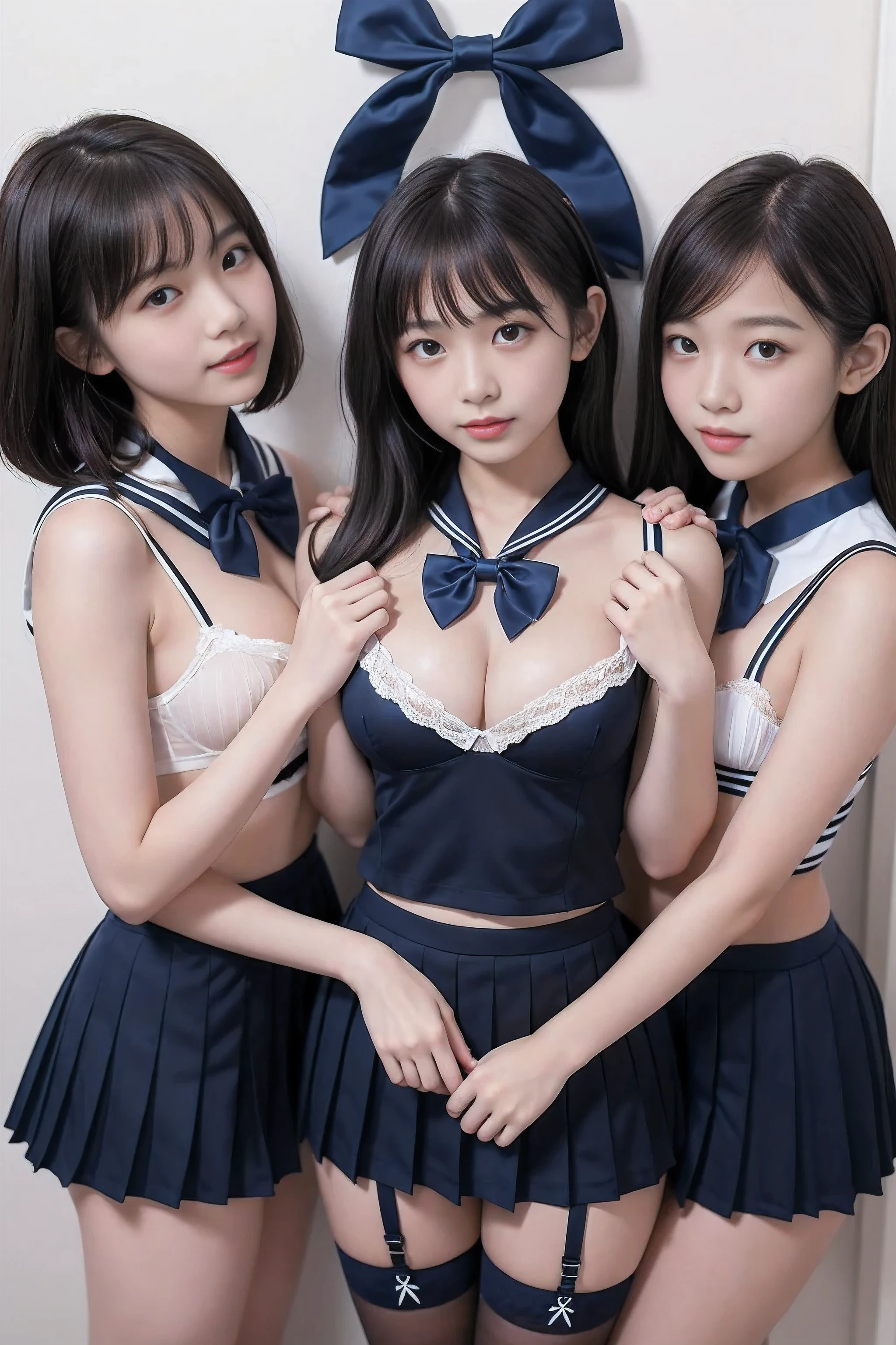 (4k, high quality, high quality, masterpiece), (realistic),   ((3 girls in front of a white wall, equally centered left and right, head to thighs)), (((turn your body to me and look at me))), (((bow tie around neck, sailor lingerie, pleated micro mini skirt))), ((black hair,  face, smile, beautiful cleavage, beautiful thighs)), several high school girls trapped by me, brainwashed by me, manipulated at my will, dressed in sailor lingerie, they are brainwashed by the bow tie attached to their necks.