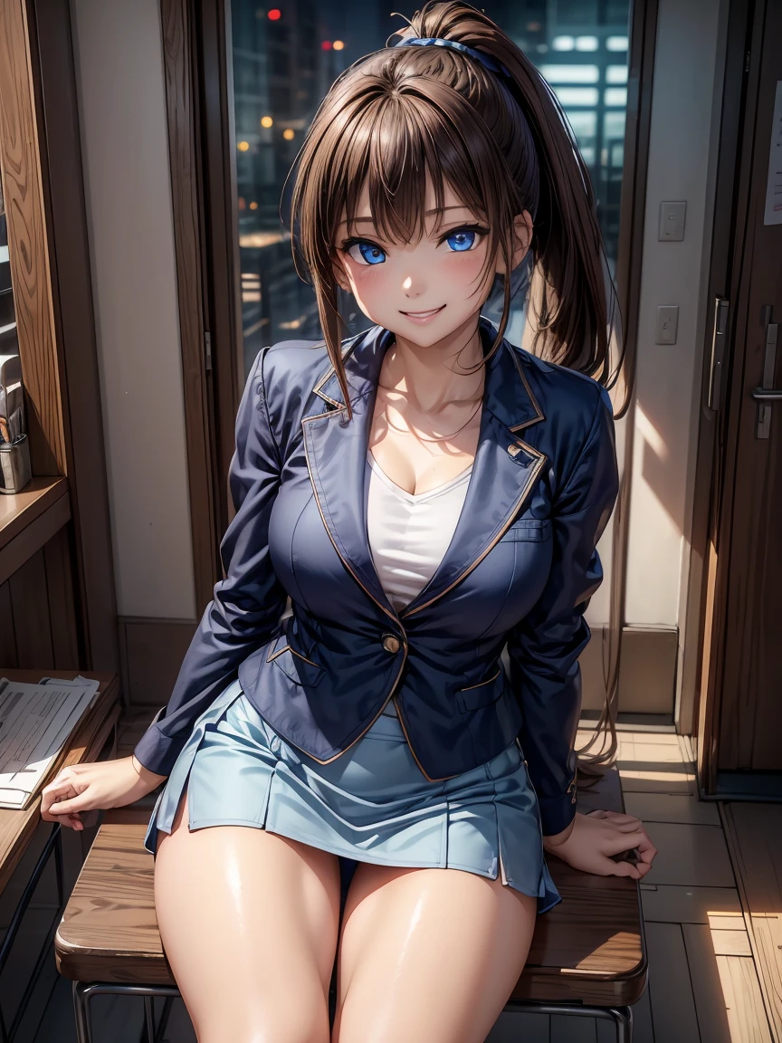 Ultra-high resolution CG Unity 8K wallpaper, Beautiful Features、((Brown Hair、  ponytail in the background : 1. 5)), (( blue eyes :1.3)), ((smile:1.4)), High pixel density、 Beautiful and Sophisticated Eyes 、Best Quality, Ultra HD, Ultra-clear illustrations、 high contrast、Color tone correction、 Ultra Realistic Oily Skin and Shiny Skin, Detailed fabric texture,  physical based rendering、 RETINA、 ray tracing,  RAW Photos, Natural front light、Accurate Fingers,  anatomically correct, 
break、
(( sit on a chair:1.2)),  Office Lady、Navy blue jacket、 white blouse、 miniskirt 、  Pencil Skirt 、boots、Buzzy Street、Night view 、neon、Tokyo、