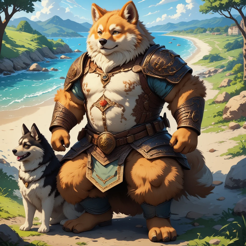 character focus, full body, looking away, various angle, european fantasy, a plump middle-aged akita inu man, clothed, heroic costume, full armor, pants, dynamic pose, BREAK complete anatomy, perfect proportions, beautiful thigh gap, fluffy body, intricate fur details, beautiful fur texture, BREAK (a detailed akita inu 1tail), detailed boots, detailed foot, detailed hands, 5fingers, 5fingers nails, BREAK aesthetic anime face, insanity detailed face, male face, big face, square jawline, aesthetic anime eyes, detailed brown eyes, detailed brown cornea, detailed dark brown irises, detailed pupils, male eyes, big eyes, male eyebrows, innocent look, beautiful beard, BREAK full body in Michelangelo Buonarroti style, digital illustration anime, housamo style, detailed painting landscape, beach, path, outdoor, full color, HDR, BREAK masterpiece, official art, best quality, very aesthetic, absurdres, super fine illustration, great quality, BREAK noise reduction, very highres, large filesize, high quality, 32K, 8k wallpaper, dynamic lighting, BREAK insanity detailed, ultra detailed, intricate details, extremely detailed, detailed texture, an extremely delicate and beautiful, BREAK osukemo, e621 illustration, kemohomo, anthropomorphic, furry, cartoon, harmonious body, pastoral face, virtuous eyes, epic atmosphere