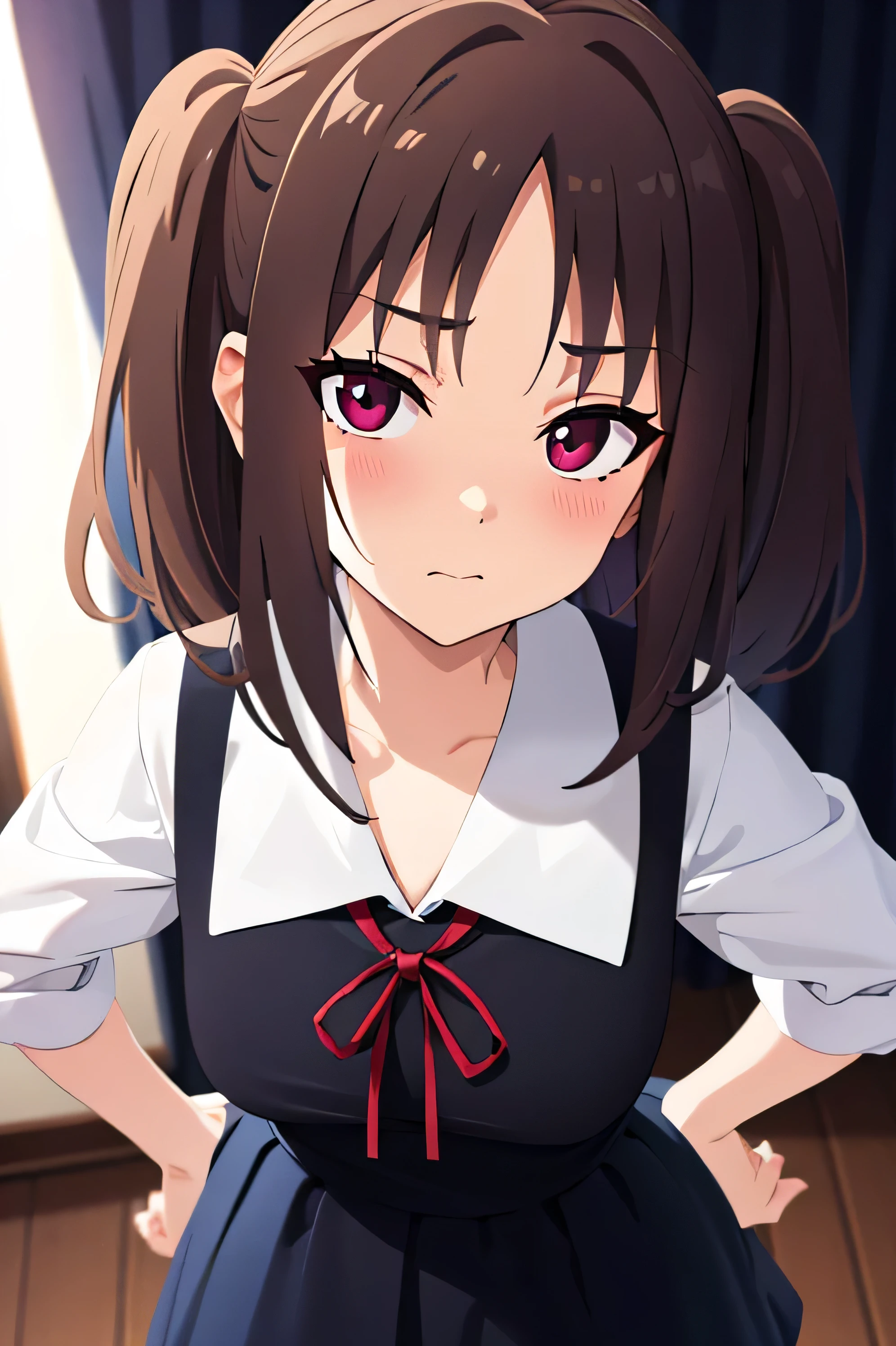 cute anime girl, extreme dark brown hair, dark burgundy eyes, peculiar longe and two side up hairstyle, frontal angle, dark hair, dark hair,  staring directly at viewer, slightly blushed, strength expression, bright eyes, school uniform High resolution, Very detailed, Curly Hair, (The lights are out), From above、(Focus on the face)、Place one hand on hip、get closer、Looking into the camera

