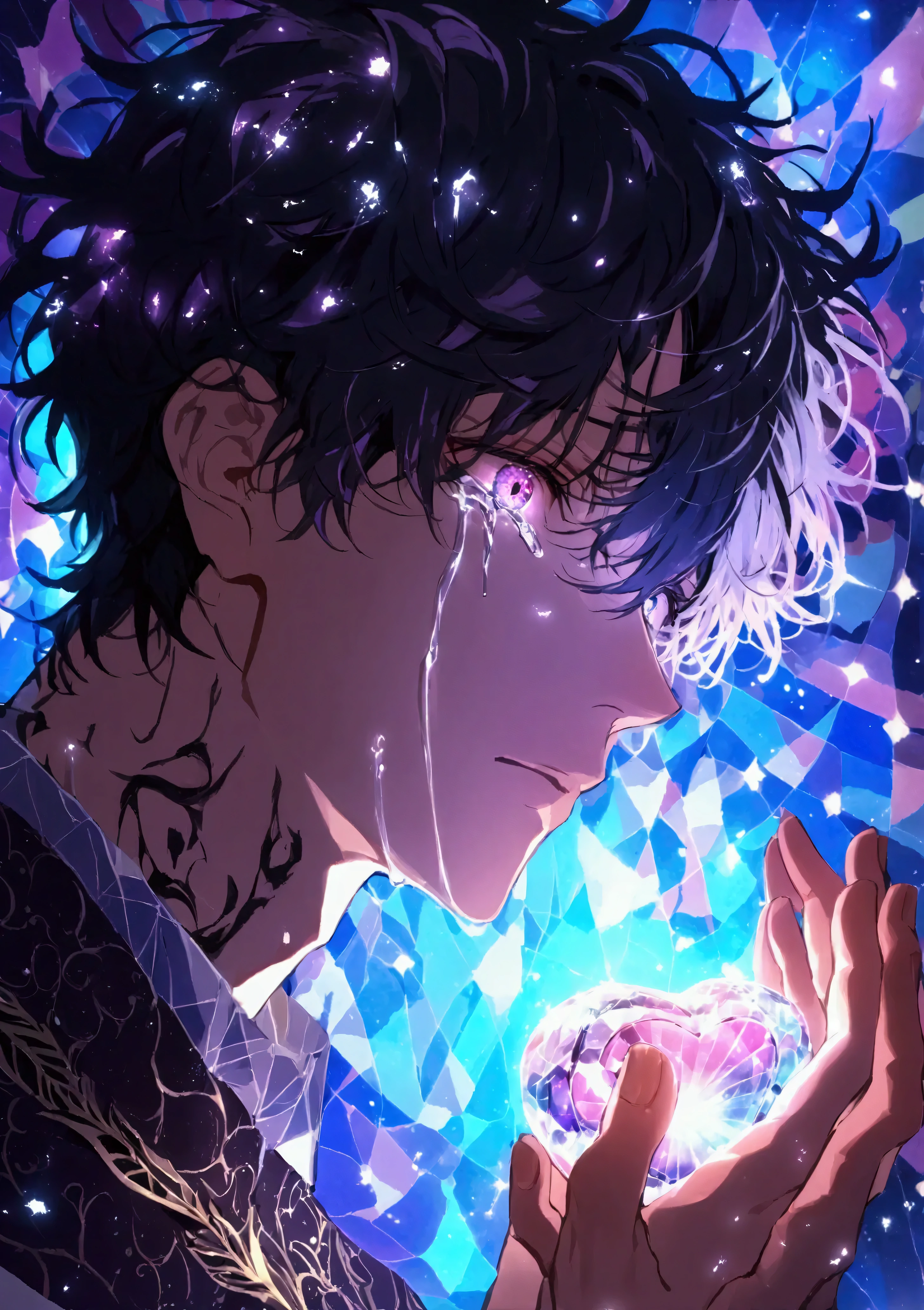 (solo), (1 male), handsome man, black hair with purple highlights, short hair, messy hair, downcast face, (crying expression), (holding a glowing jewel heart in both hands), ((masterpiece)), (kaleidoscope background: 1.3), (stylish), dynamic angle, (detailed face, detailed eyes, proportional hands, proportional anatomy), glowing, whimsical aesthetic