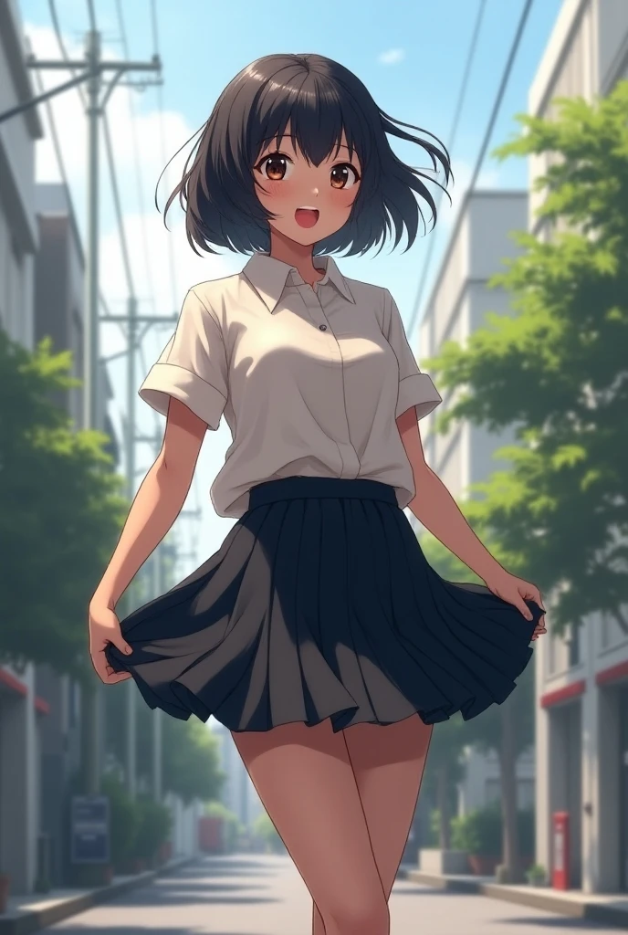 Young girl with blue hair,short straight hair and short bangs (purple eyes),, ((small bushy eyebrows)), wearing gothic lolita clothing, lolicon , medium large breast, breasts out of blouse, walking to school, bored look, bored face, , lifting her skirt to show her vagina wet with semen, having sex