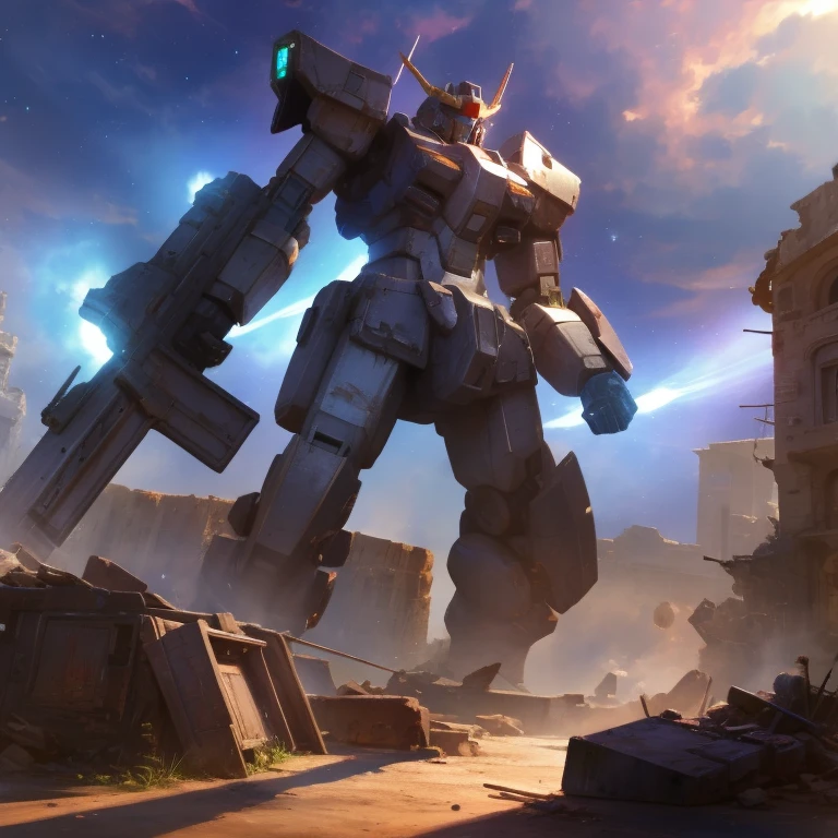 Draw a texture on the background、ruins、huge robot with shield