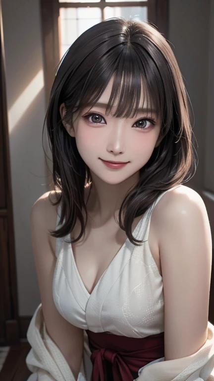 (Best Quality,8K quality,masterpiece:1.3),( super high resolution ,Realistic:1.4,Live Shooting),(Super detailed, caustics),( Ultra Realistic Capture,  beautiful and detailed skin ),  beautiful Japanese,  asymmetrical bang,  smiling at the camera ,Soft light, The light is shining in from above,Natural Light,